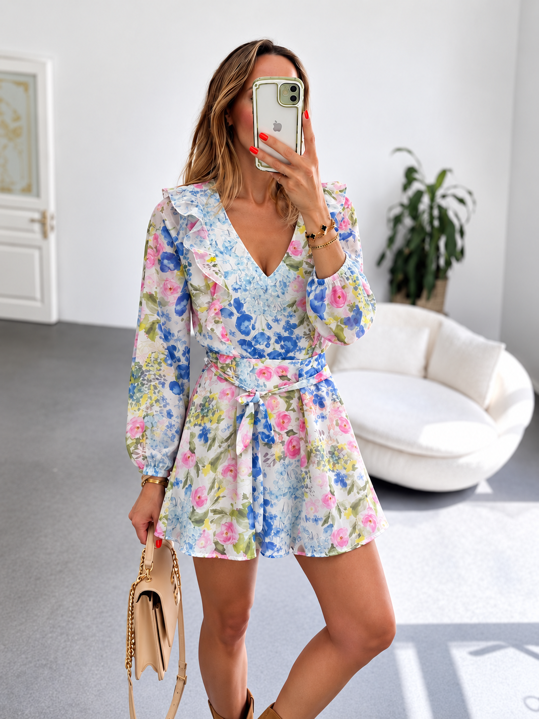 Floral Desenli Astarlı Şifon Elbise
