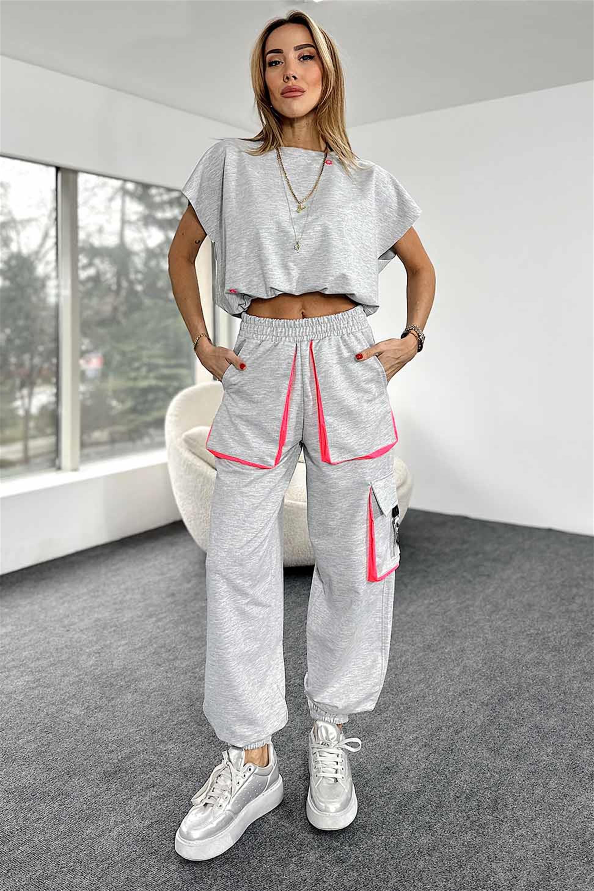 Fosfor Detaylı Kargo Cepli Crop İkili Eşofman Takım Gri