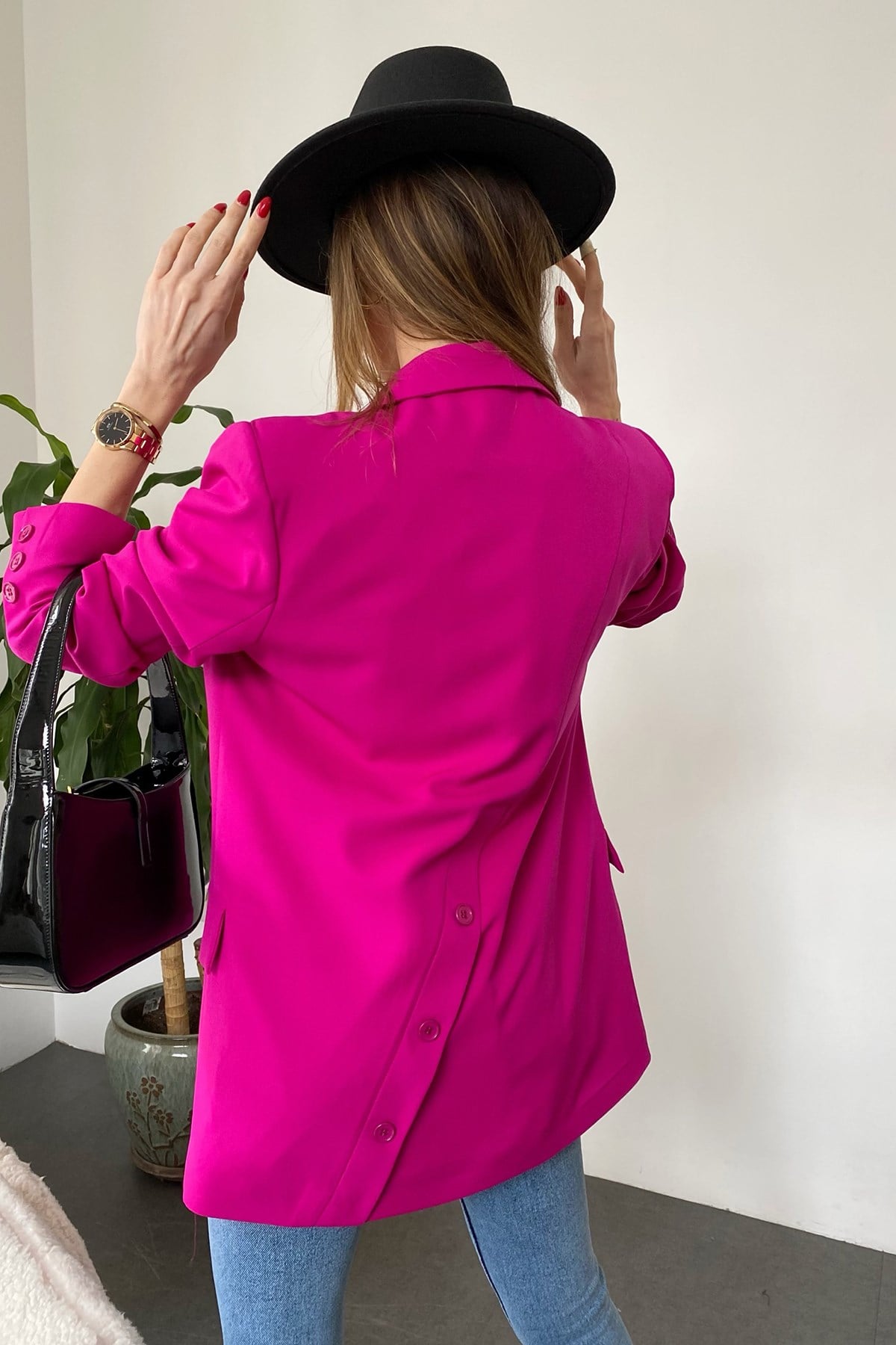 Fuşya Sırt Düğme Detay Tasarım Blazer Ceket