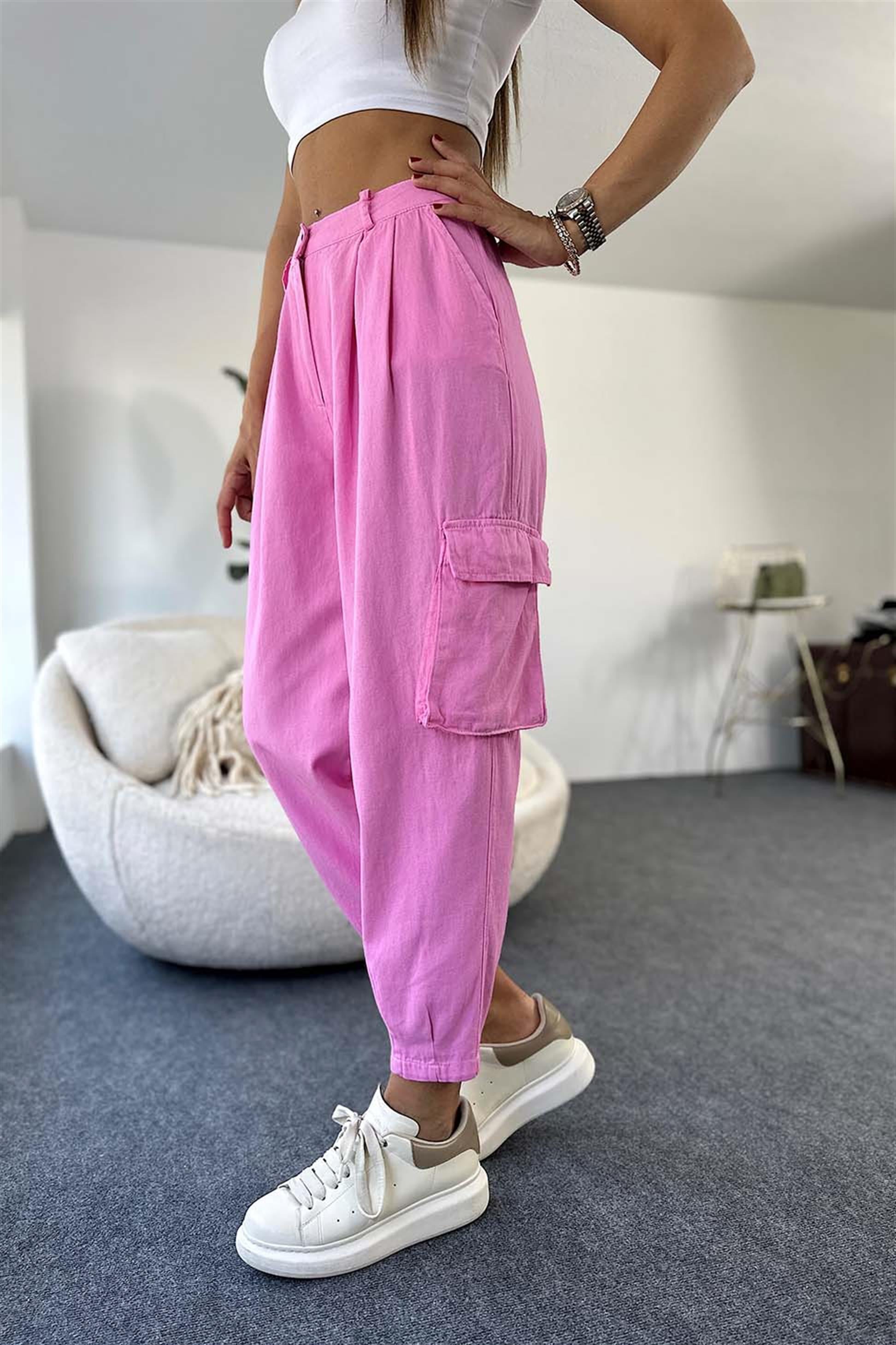 Gabardin Kumaş Kargo Cepli Salaş Pantolon Pembe · 7