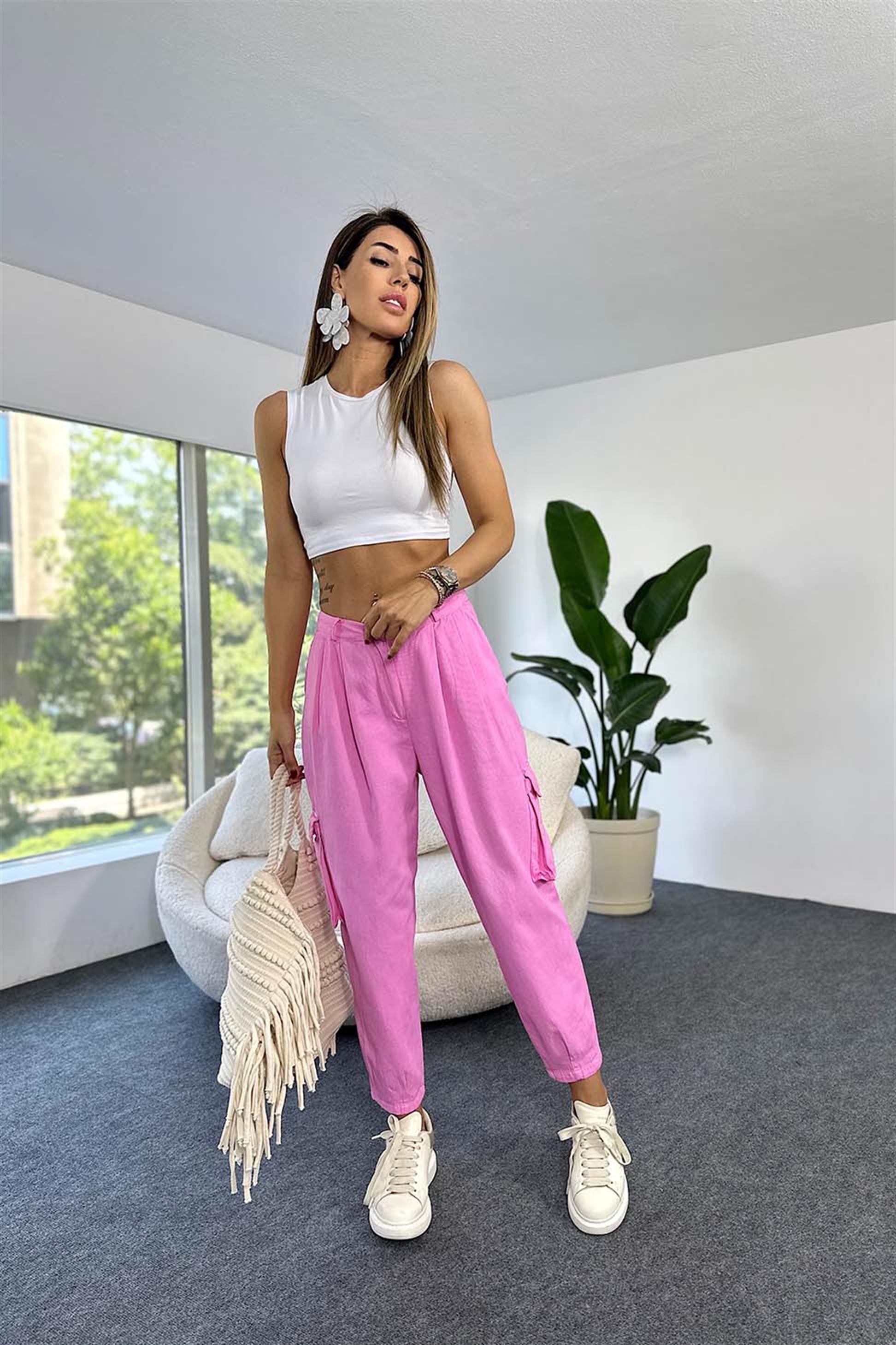 Gabardin Kumaş Kargo Cepli Salaş Pantolon Pembe · 3