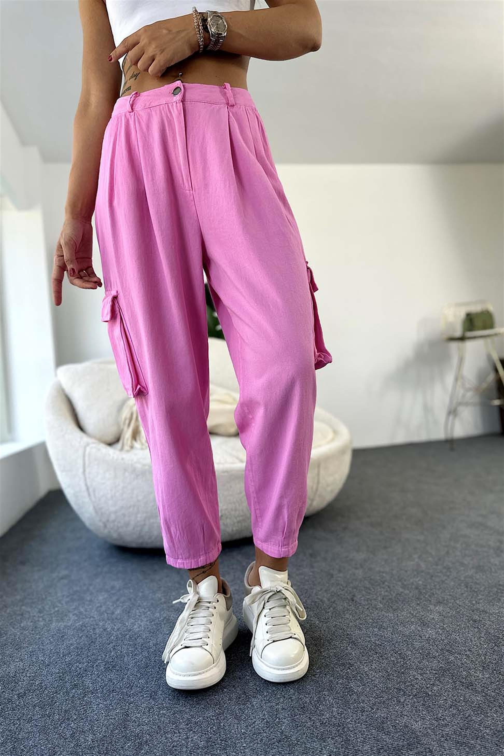 Gabardin Kumaş Kargo Cepli Salaş Pantolon Pembe · 2