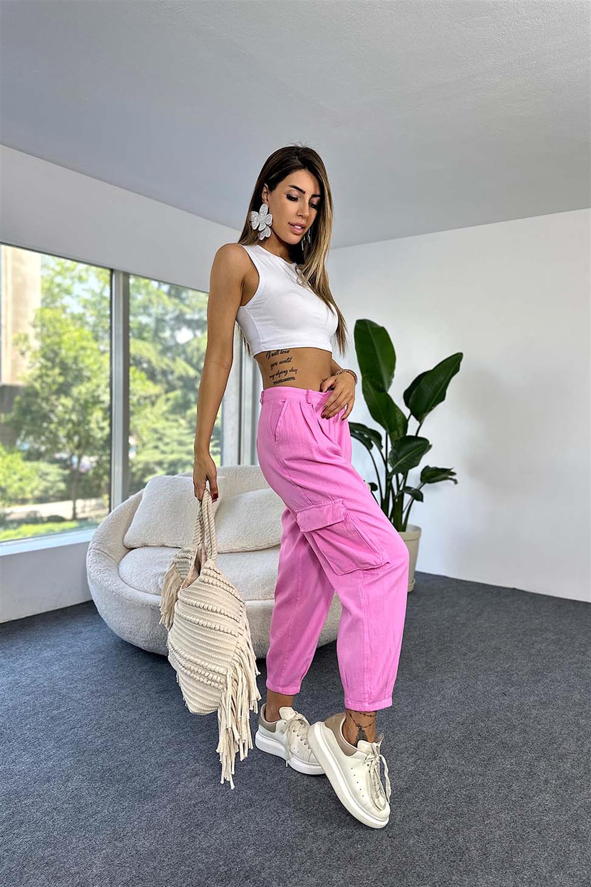 Gabardin Kumaş Kargo Cepli Salaş Pantolon Pembe · 6
