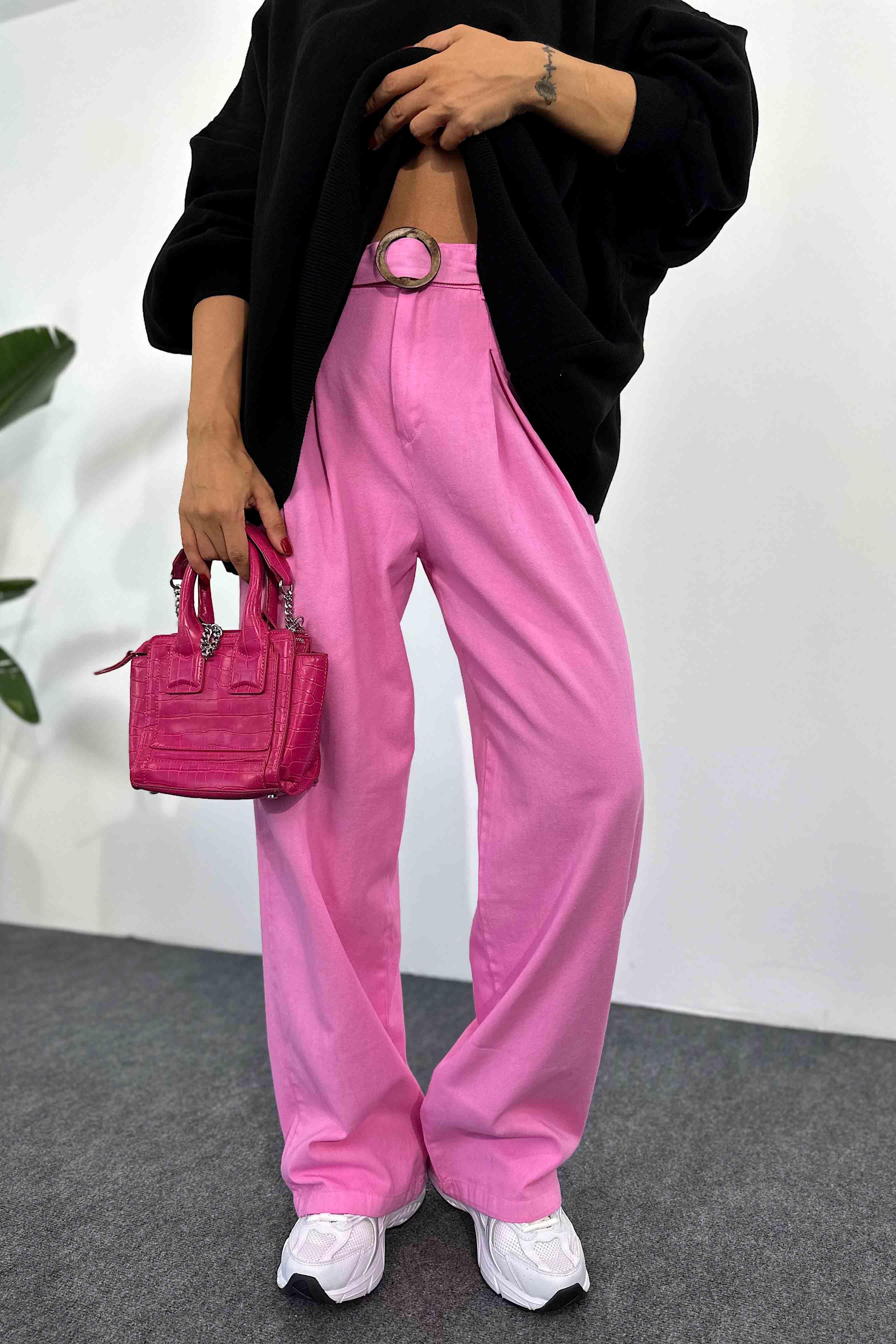 Gabardin Kumaş Kemerli Uzun Bol Pantolon Pembe · 2