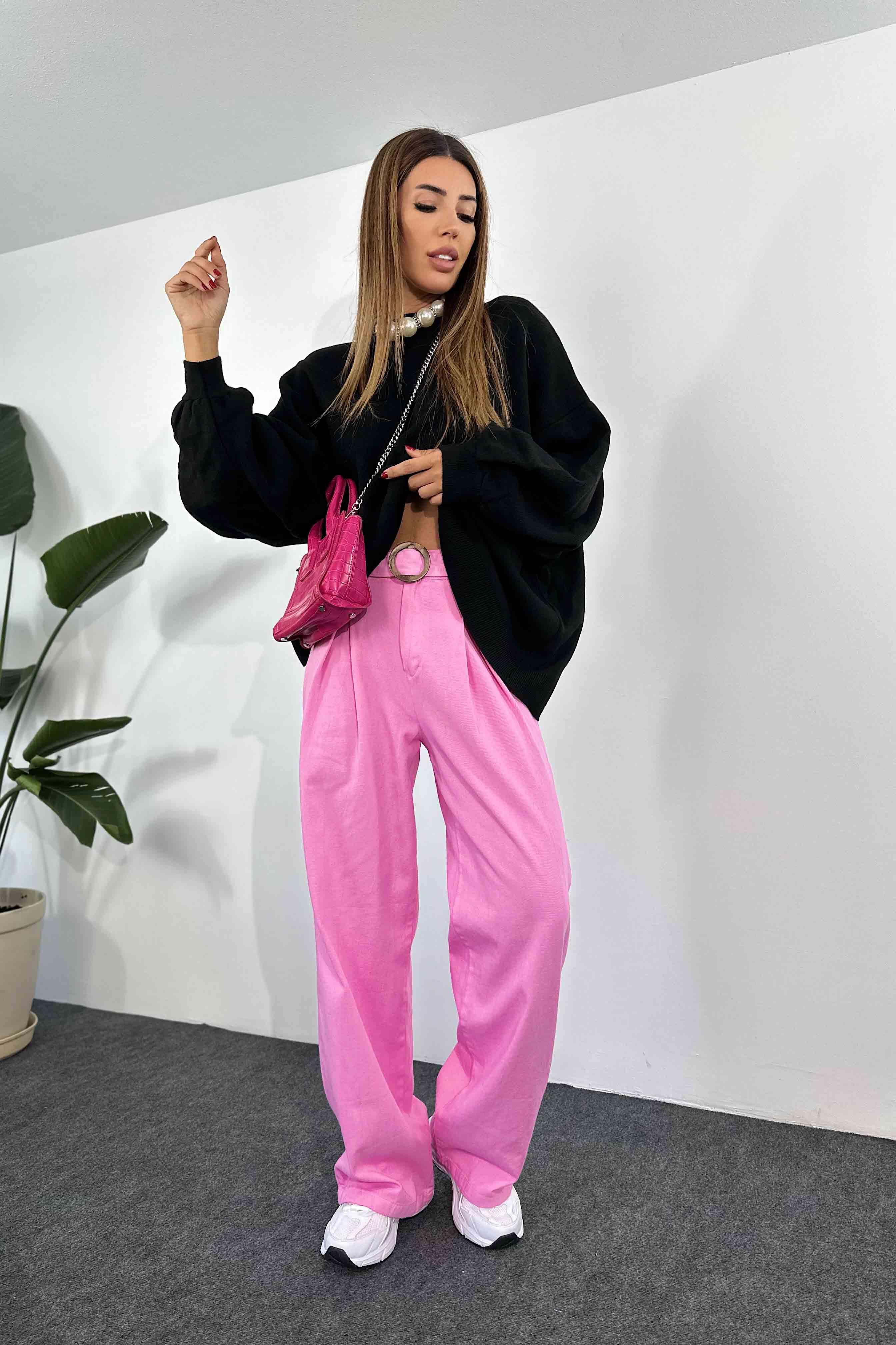 Gabardin Kumaş Kemerli Uzun Bol Pantolon Pembe