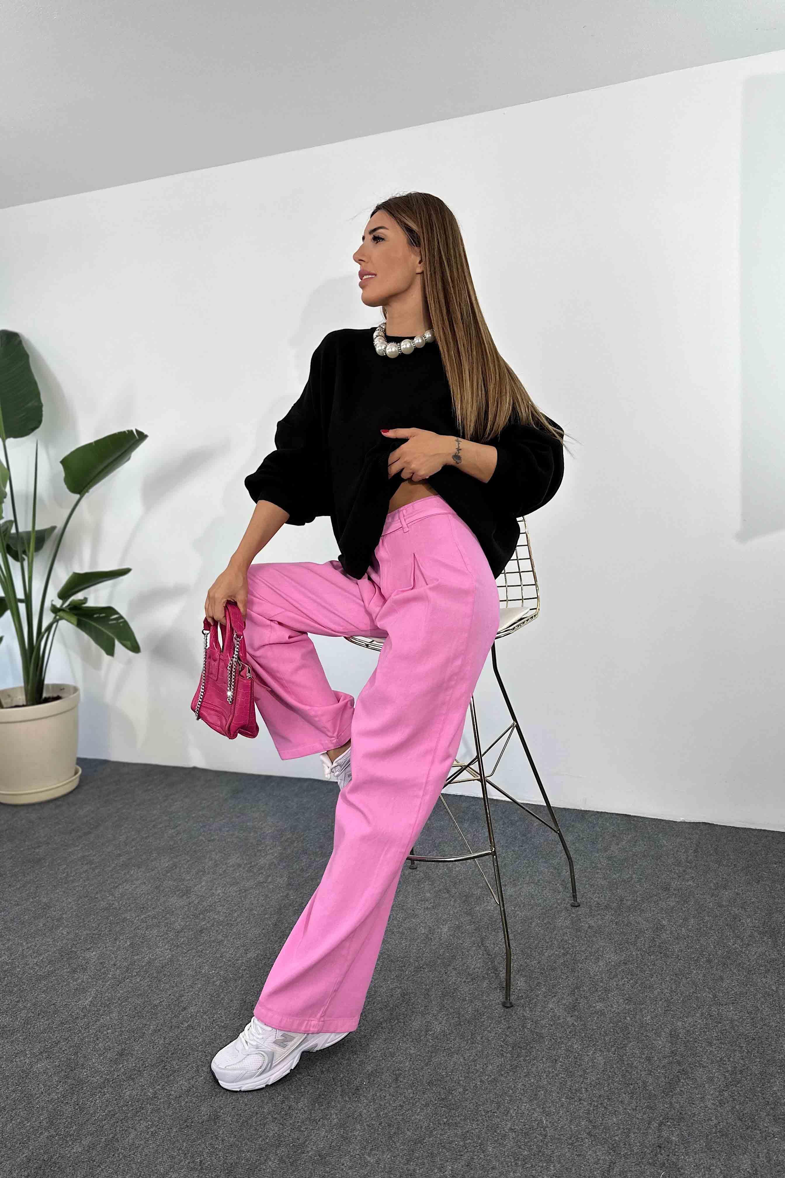 Gabardin Kumaş Kemerli Uzun Bol Pantolon Pembe · 4