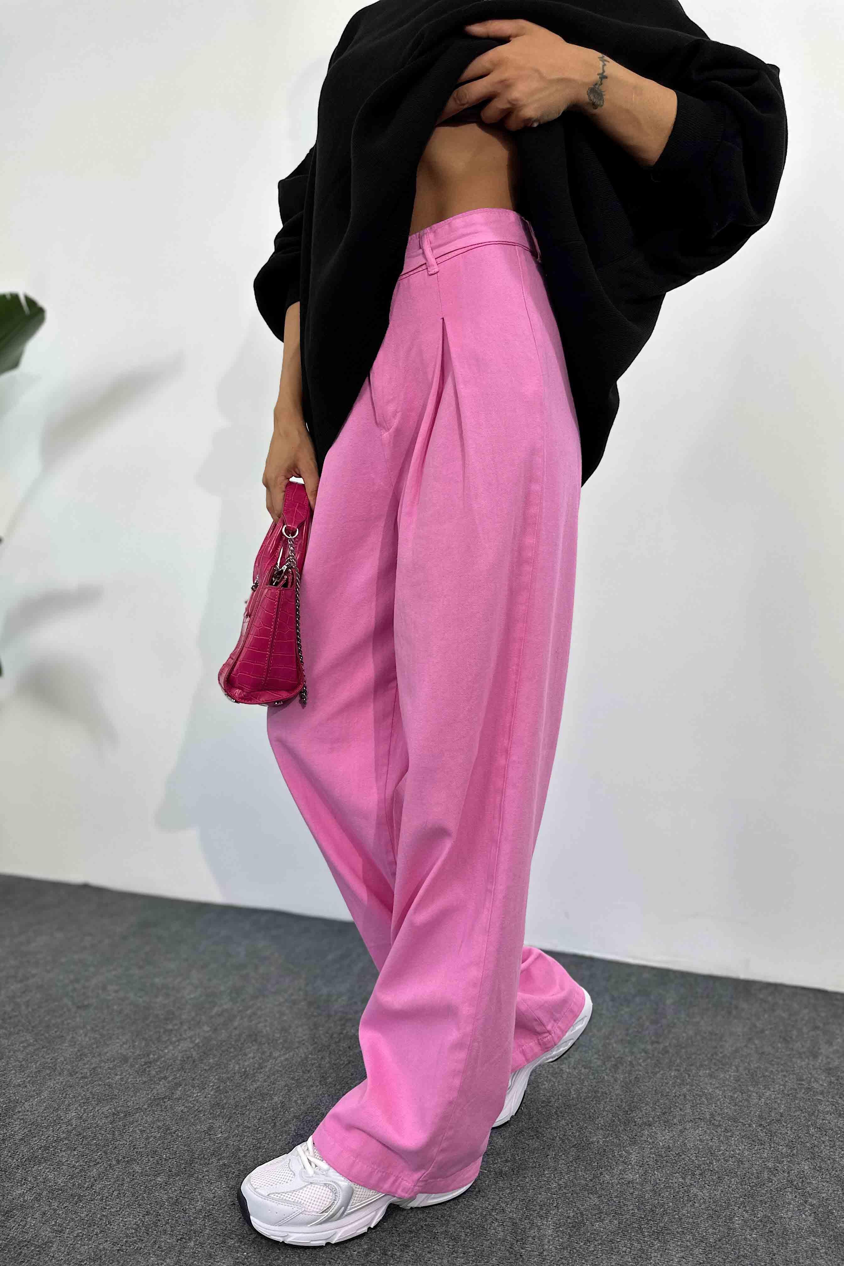 Gabardin Kumaş Kemerli Uzun Bol Pantolon Pembe · 6