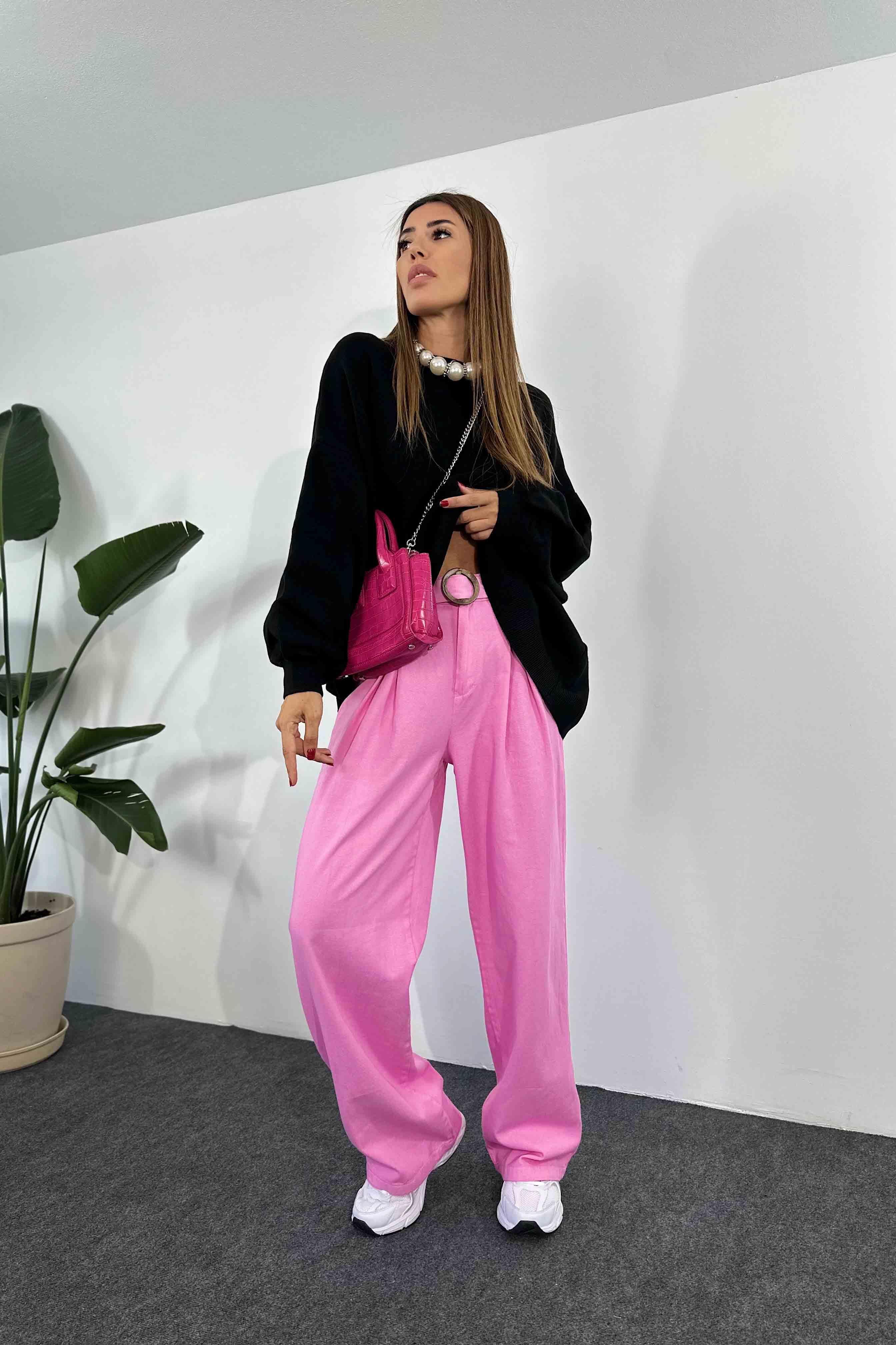 Gabardin Kumaş Kemerli Uzun Bol Pantolon Pembe · 7