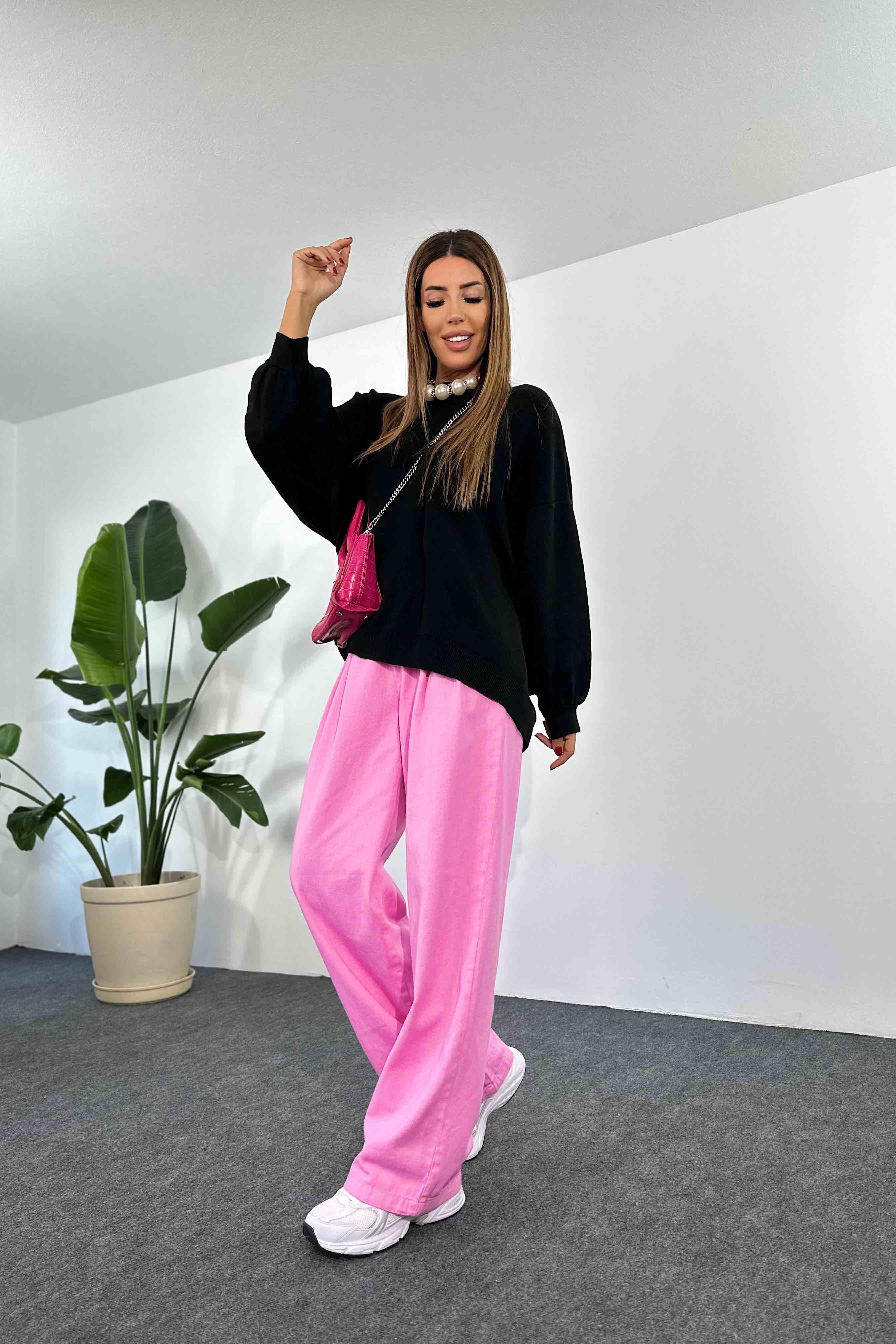 Gabardin Kumaş Kemerli Uzun Bol Pantolon Pembe · 5