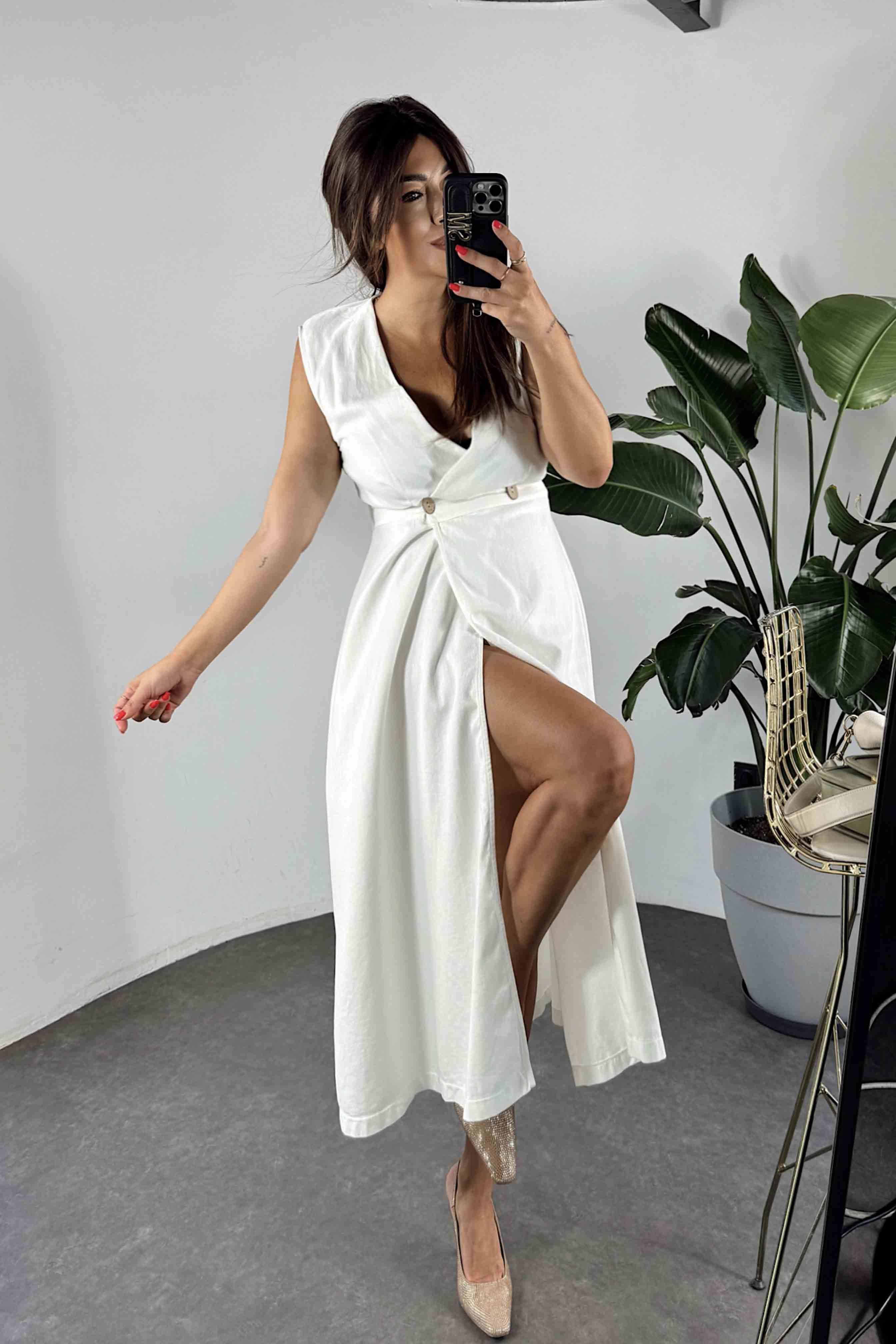 Gabardin Kumaş Önden Düğmeli Midi Elbise Ekru