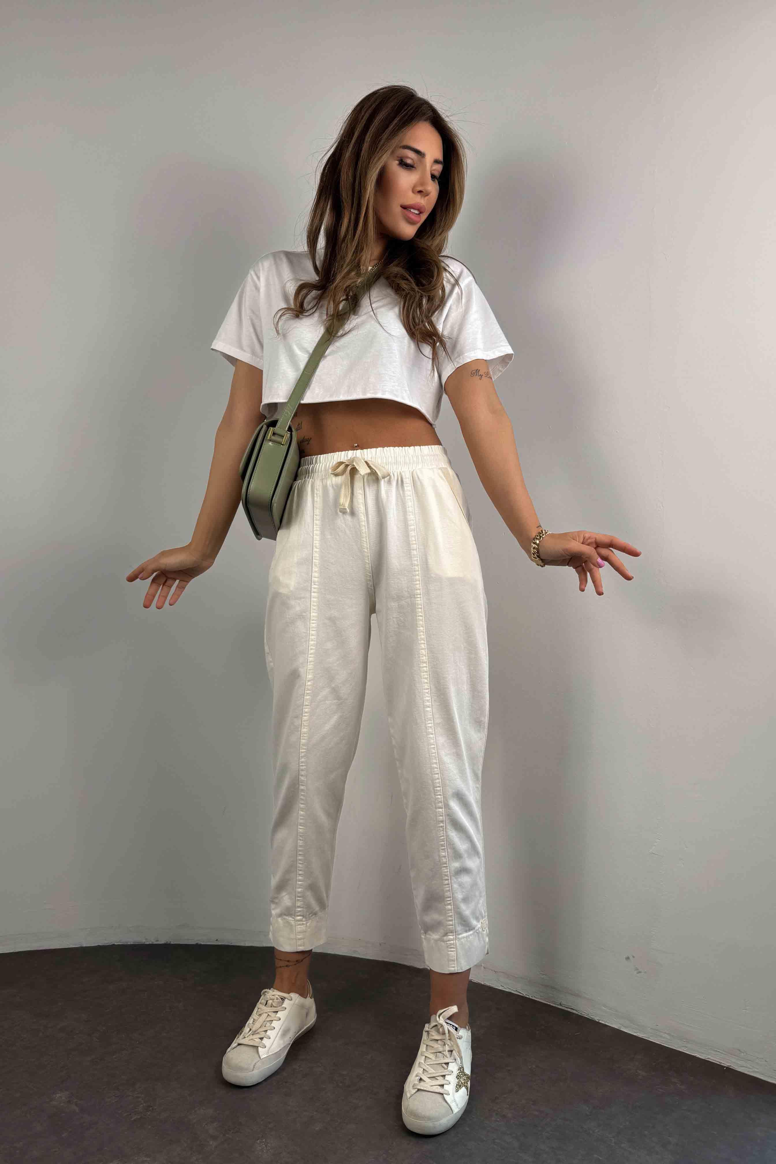 Gabardin Kumaş Paça Tasarım Kadın Pantolon Ekru