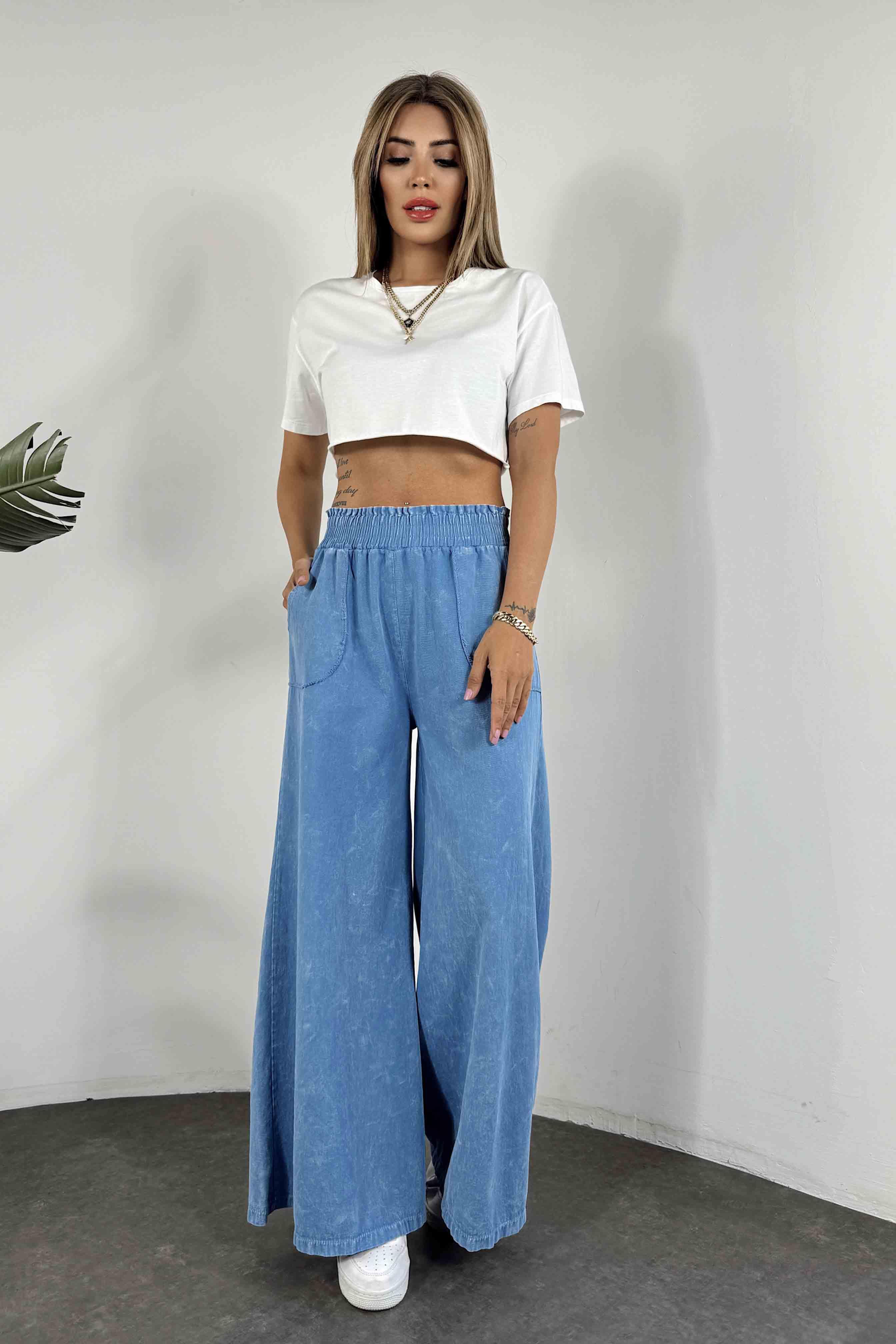 Gabardin Kumaş Yıkamalı Palazzo Pantolon Bebe Mavisi