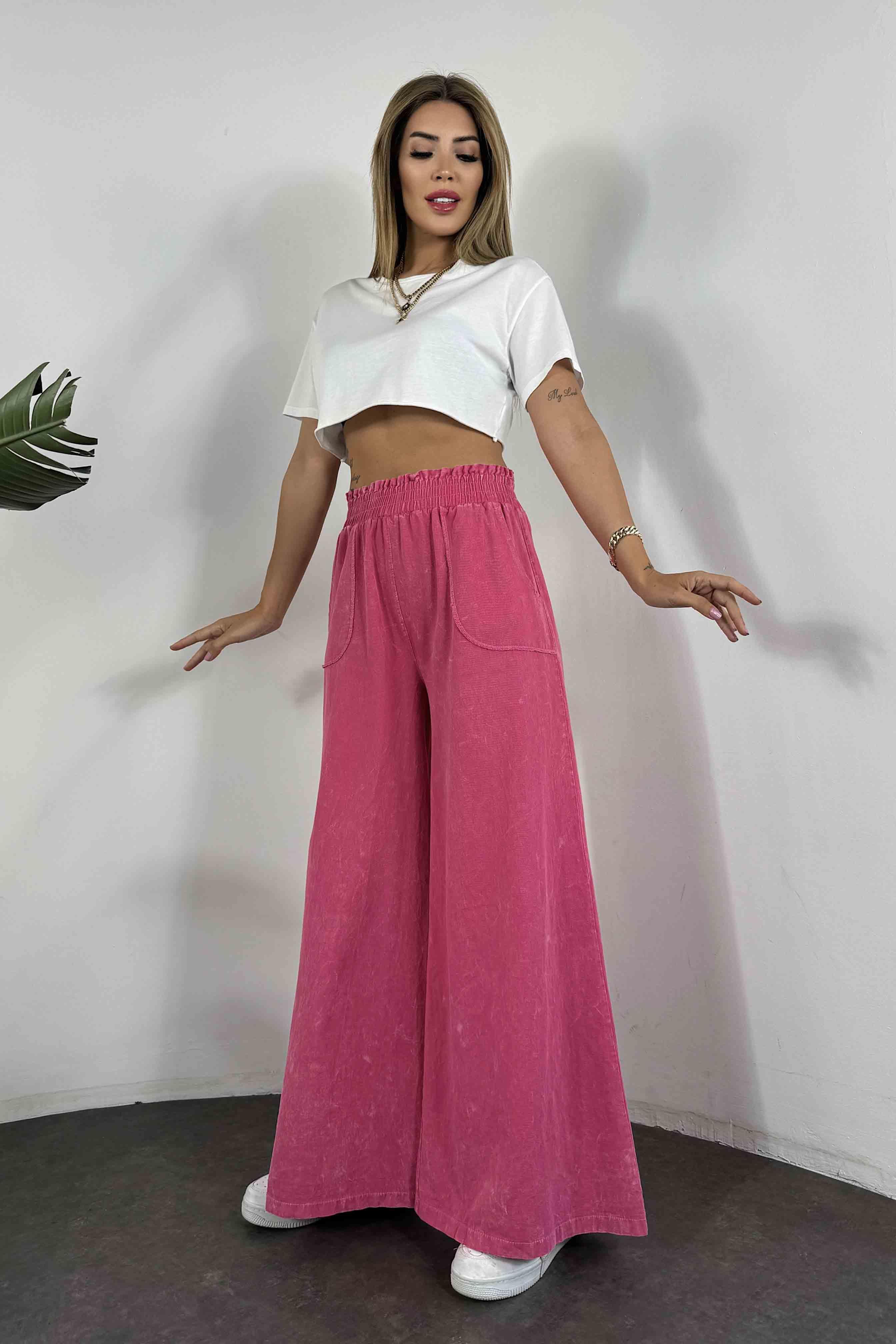Gabardin Kumaş Yıkamalı Palazzo Pantolon Pembe