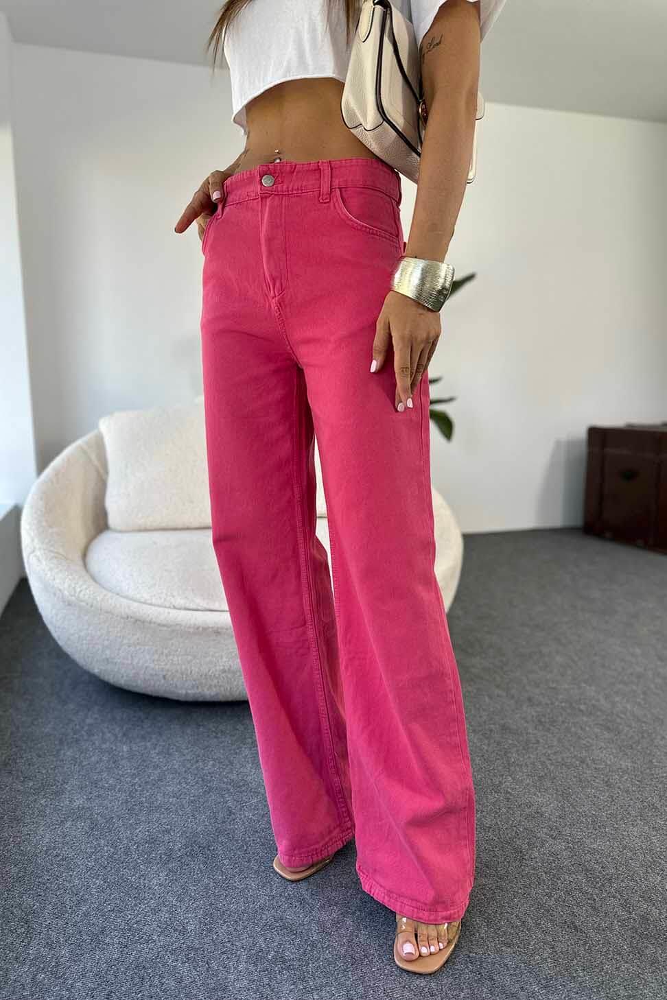 Gabardin Kumaş Yüksek Belli Bol Paça Pantolon Pembe