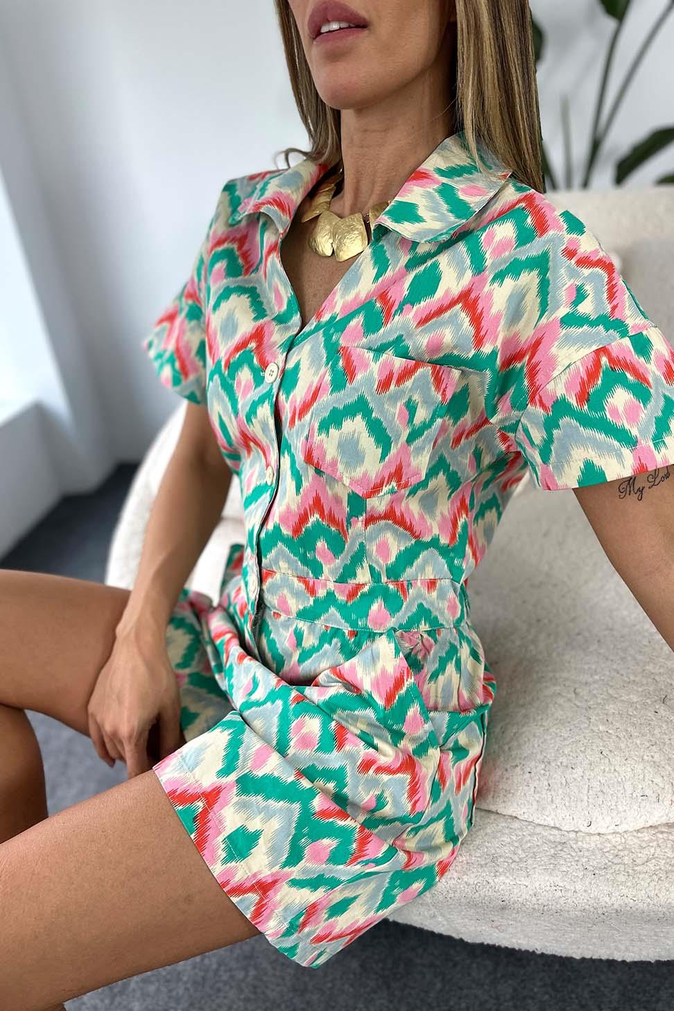 Gabardin Kumaş Zik Zak Desenli Kısa Tulum Renkli · 7