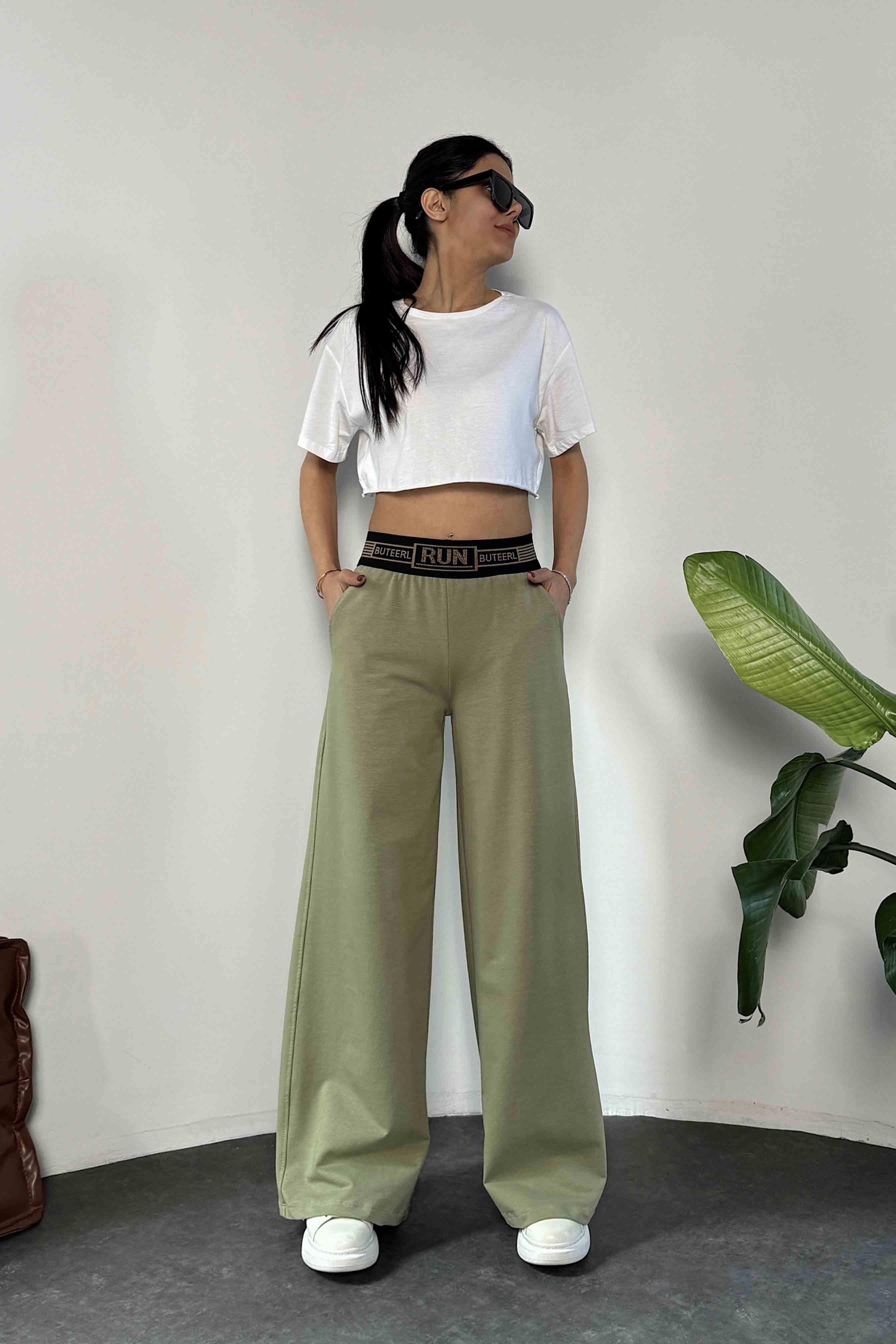 Geniş Lastikli Tasarım Kadın Pantolon Haki