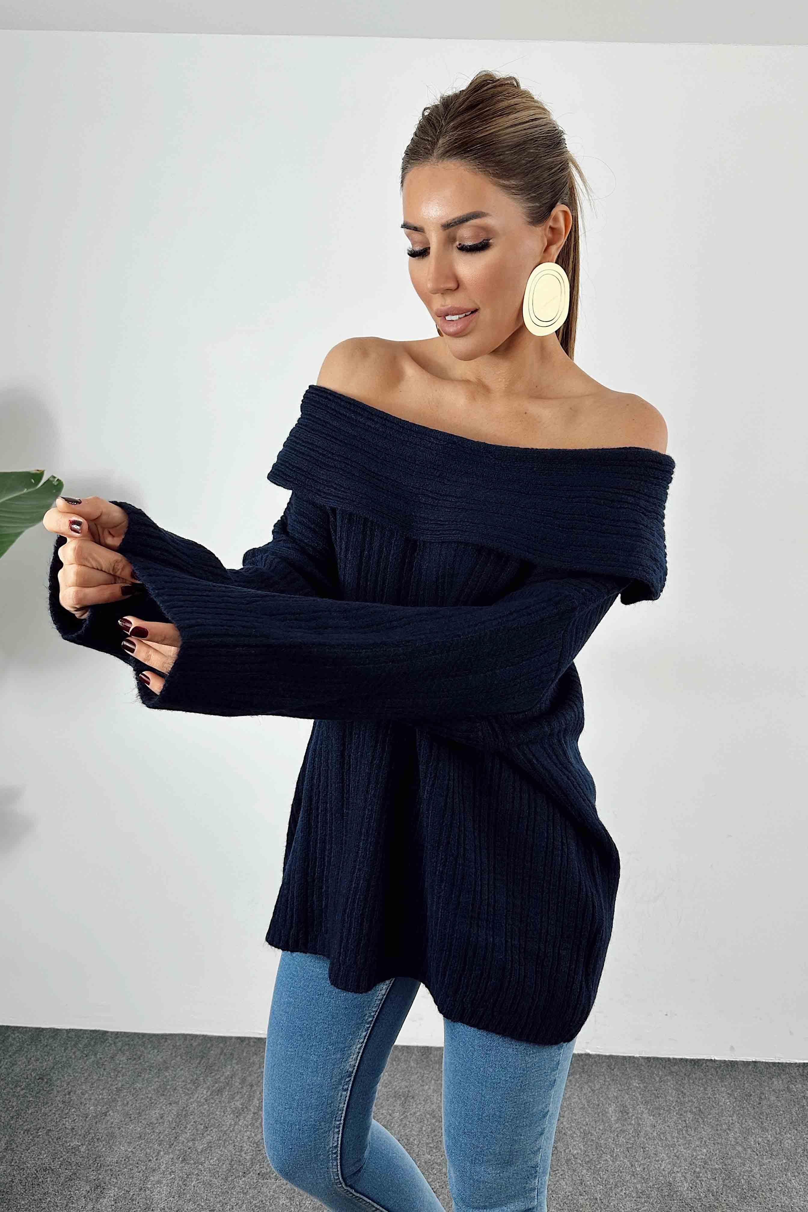 Geniş Madonna Yaka Yumoş Örme Uzun Kazak Lacivert