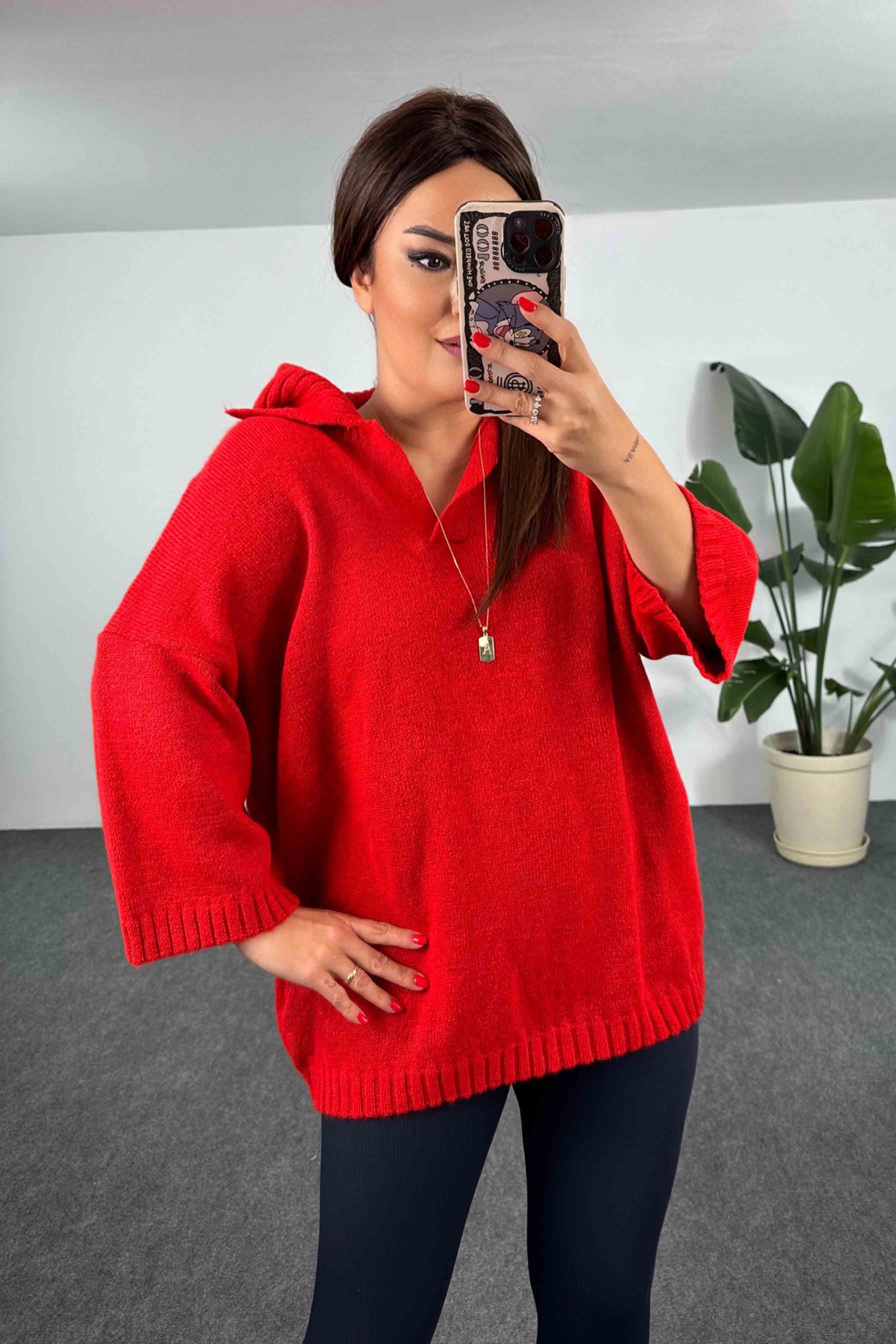 Geniş V Polo Yaka Kalın Örme Kazak Kırmızı