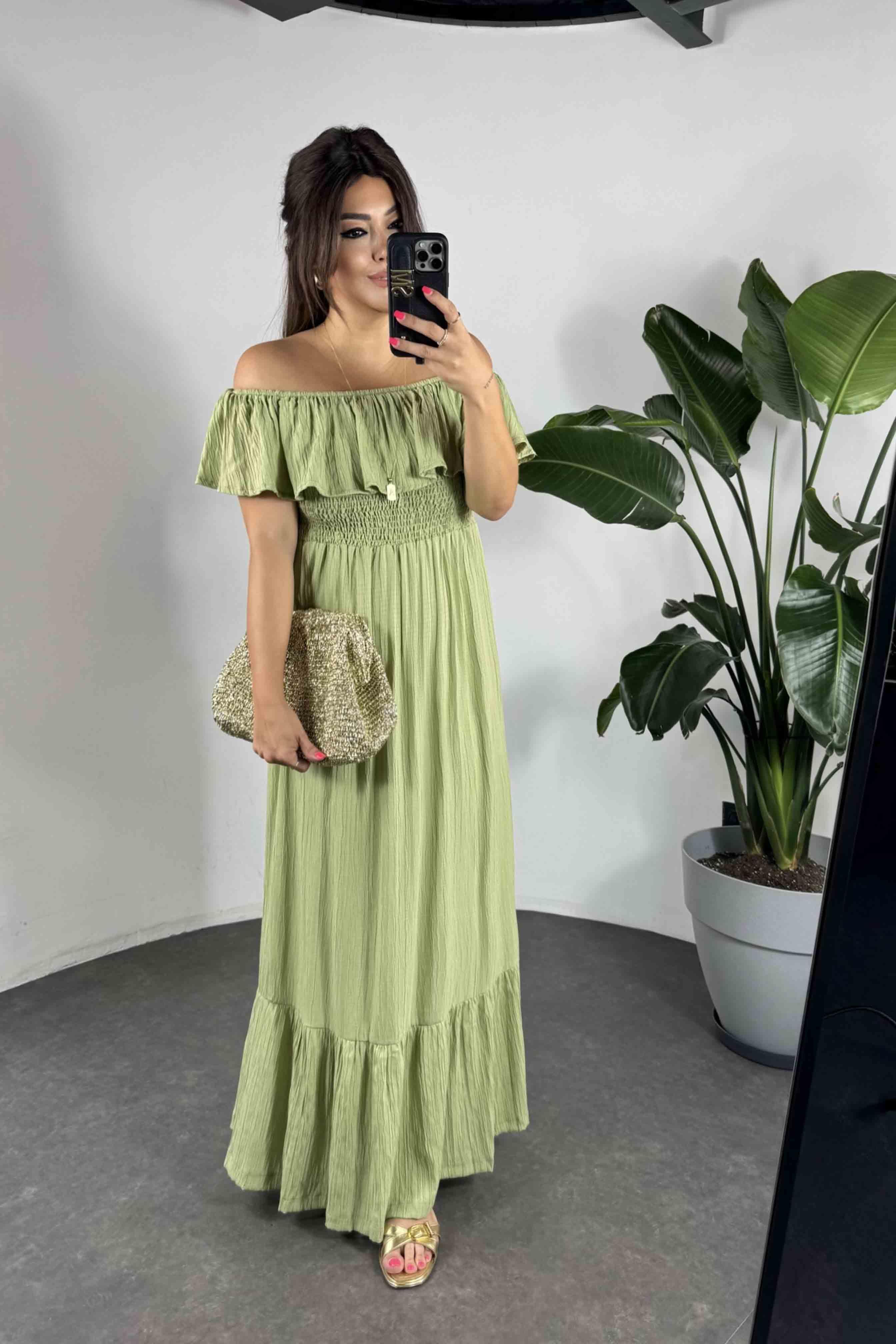 Gofre Kumaş Gipeli Elbise Mint