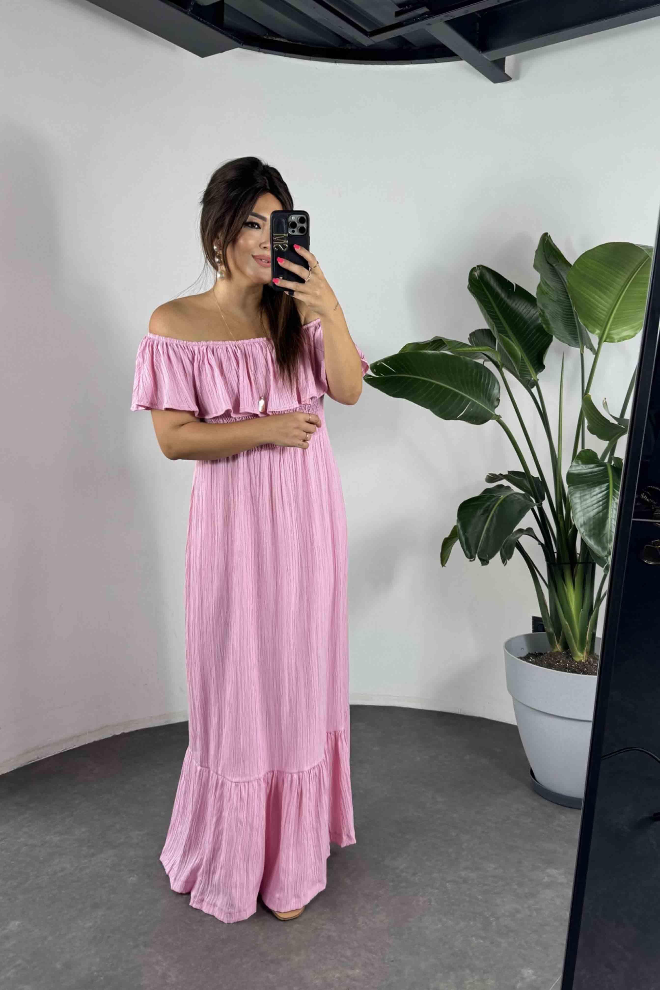 Gofre Kumaş Gipeli Elbise Pembe