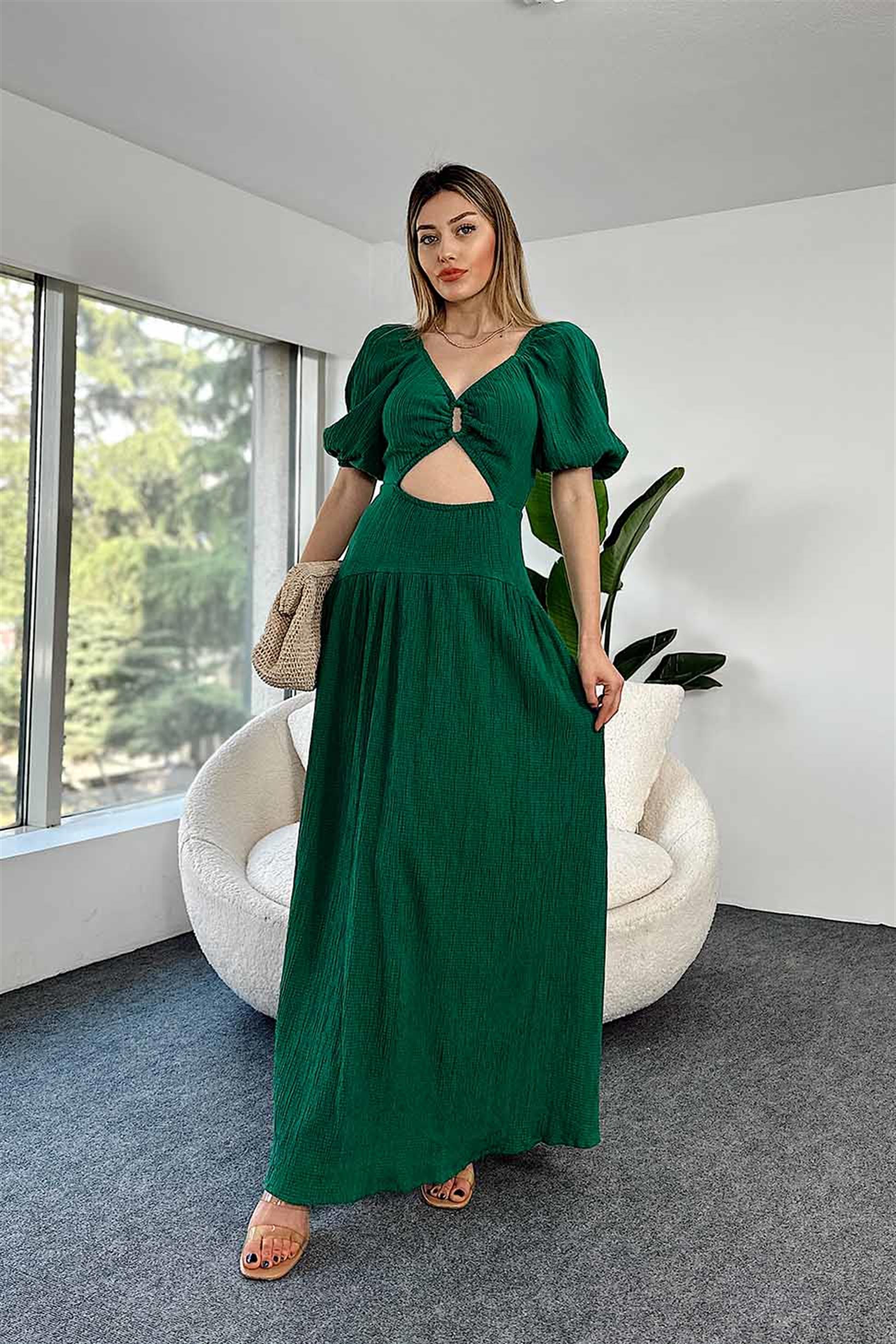 Gofre Kumaş Ön Arka Dekolteli Uzun Elbise Yeşil