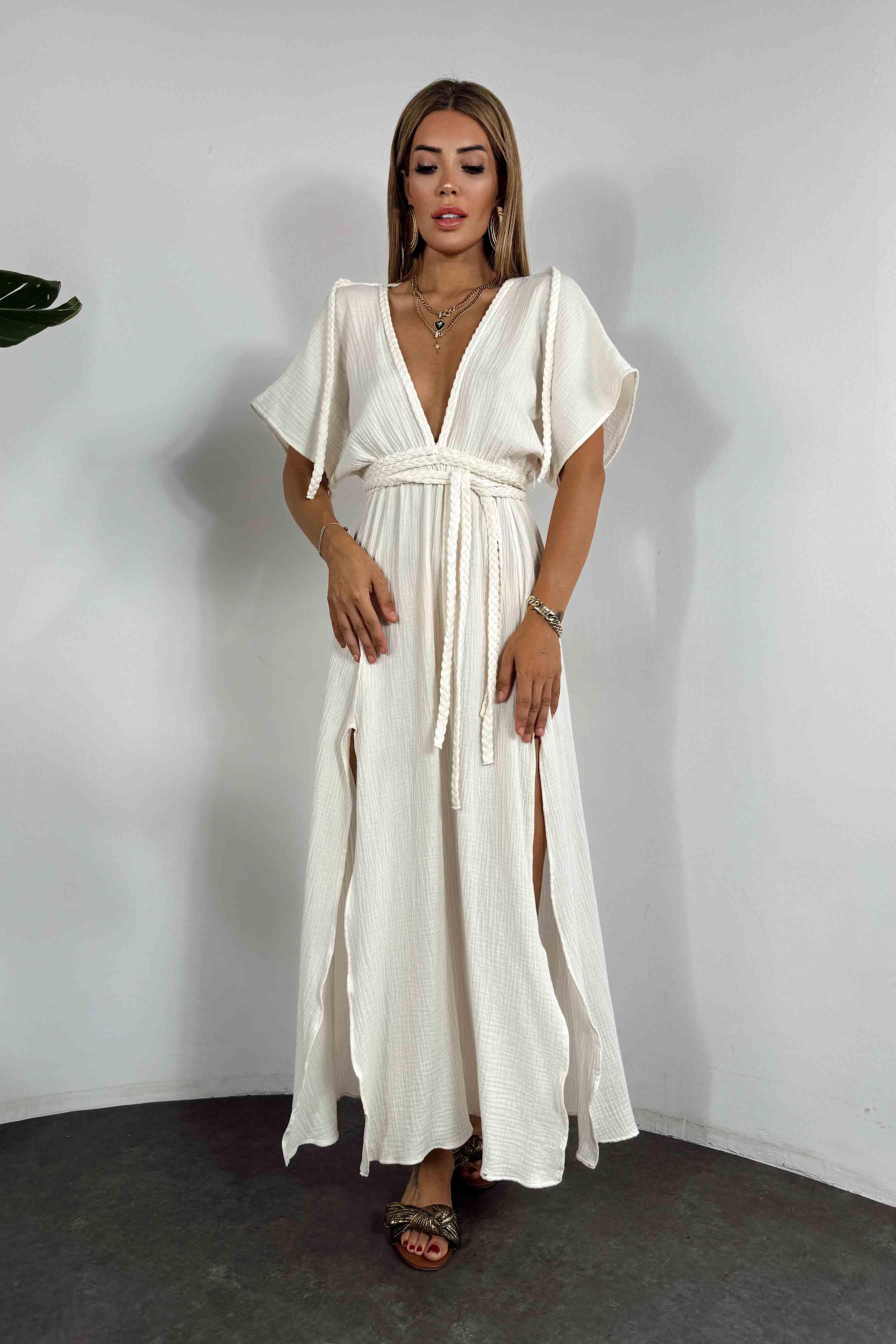 Gofre Kumaş Örgü Askı Detay Elbise Ekru