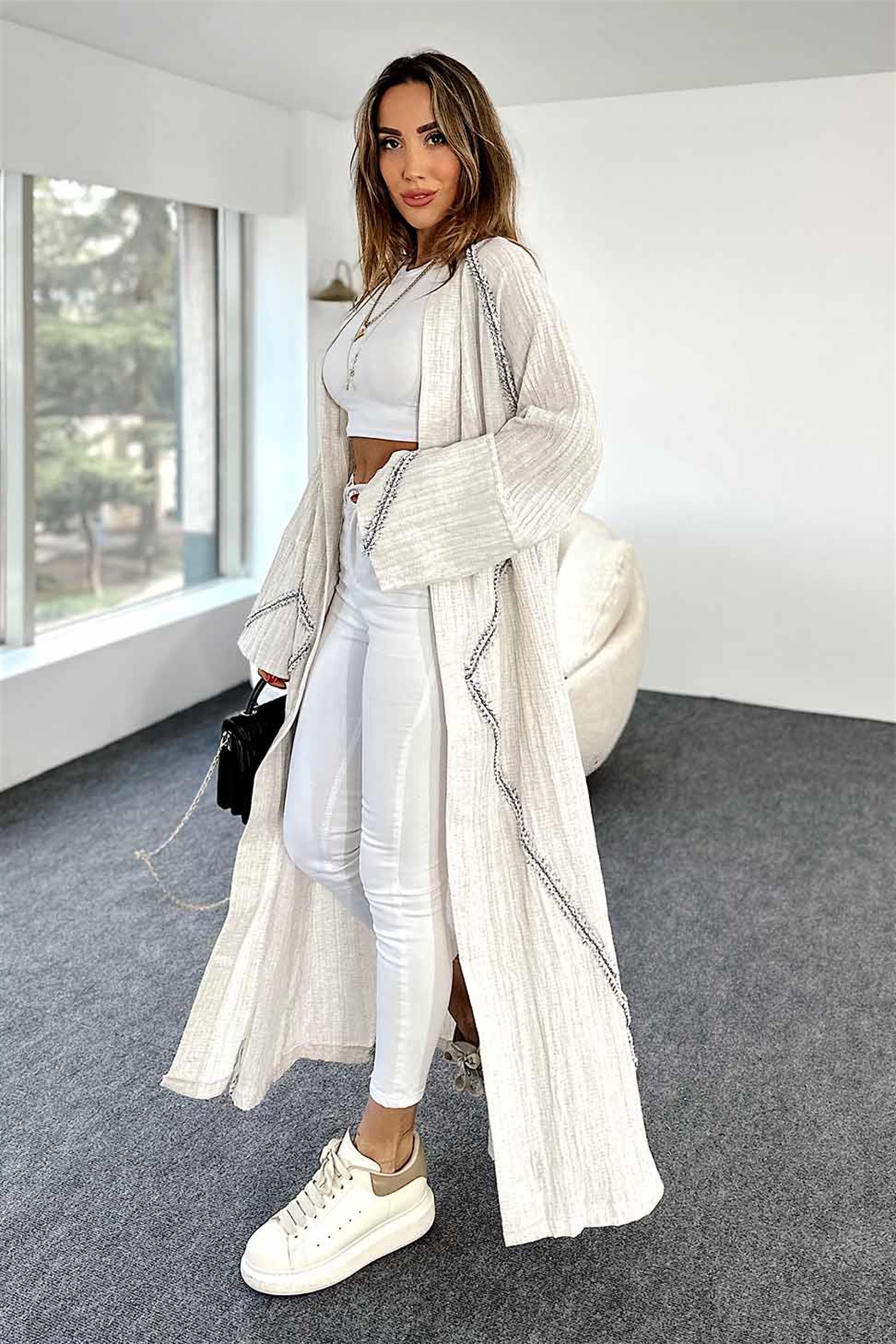 Gofre Kumaş Şerit Nakışlı Oversize Kimono Taş