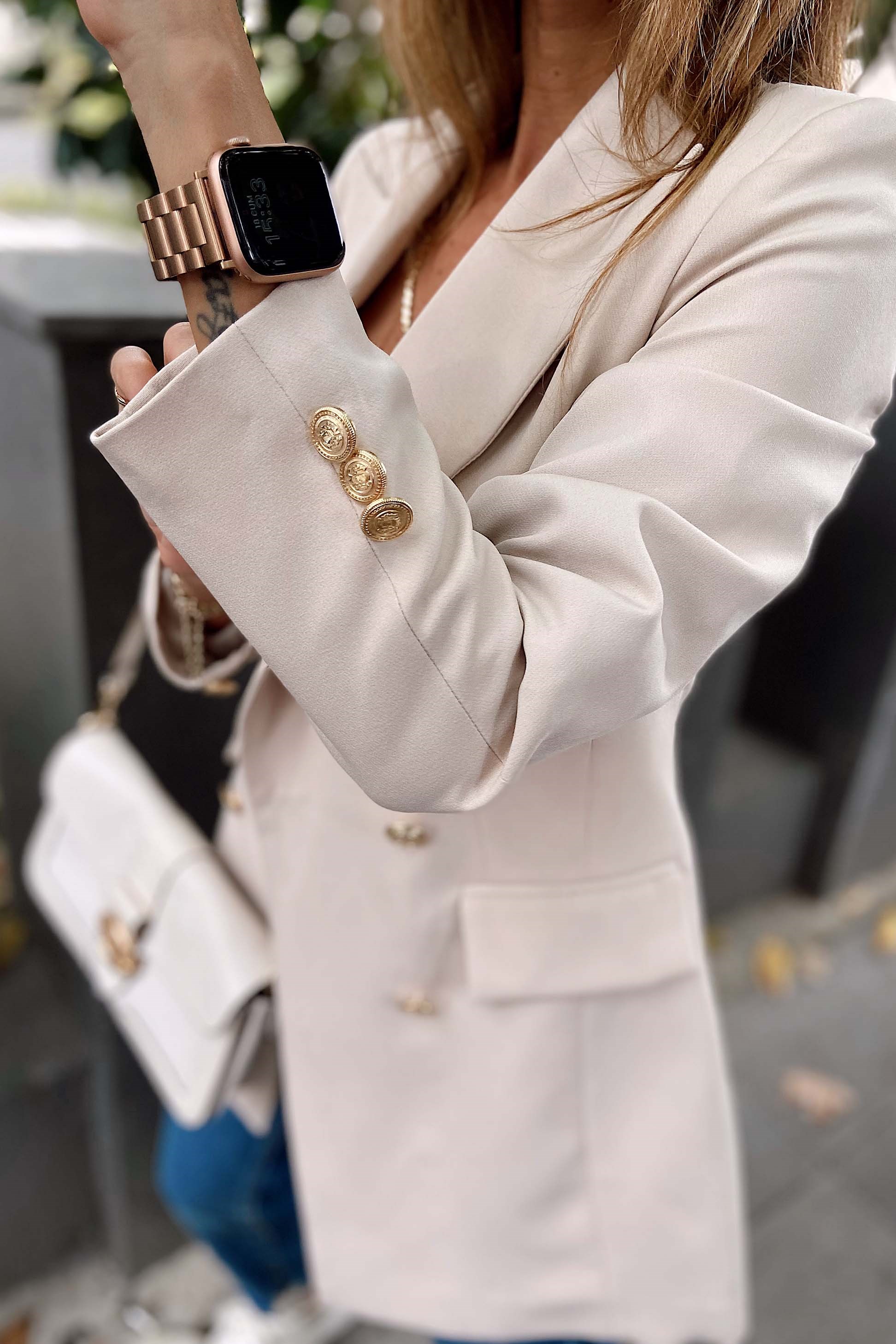 Gold Düğmeli Blazer Ceket Krem