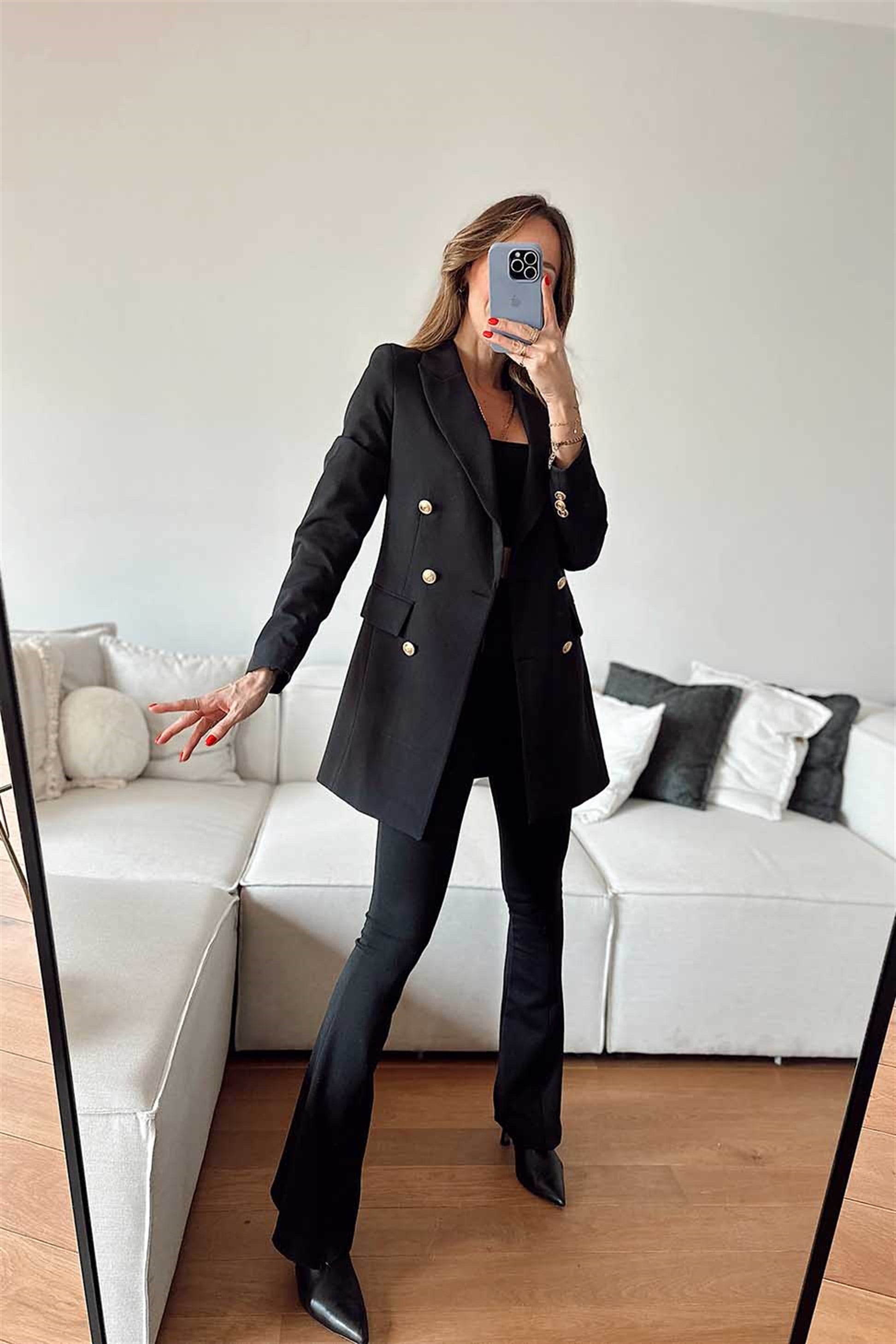 Gold Düğmeli Blazer Ceket Siyah