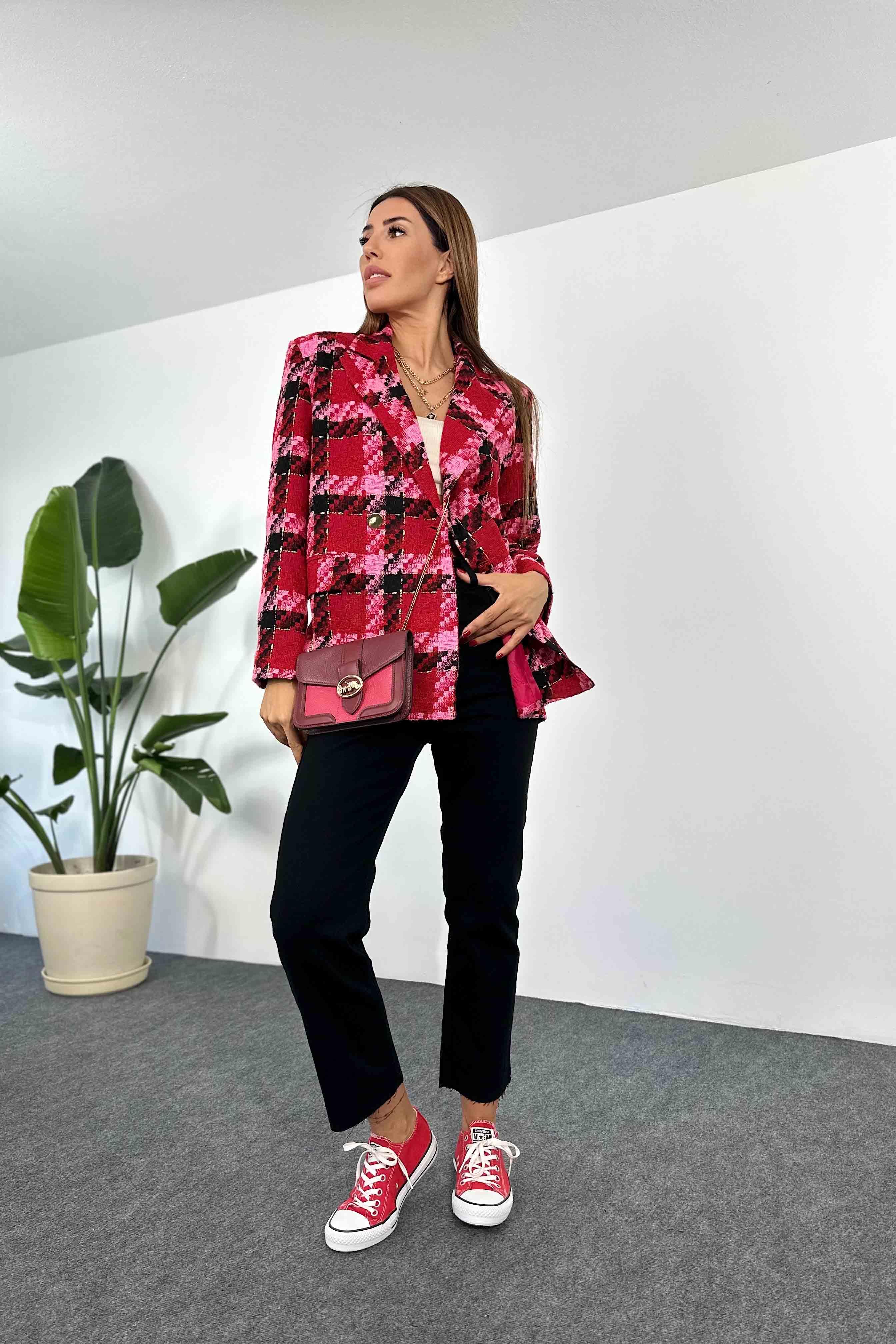 Gold Sim Kare Dokuma Detay Tüvit Blazer Ceket Pembe