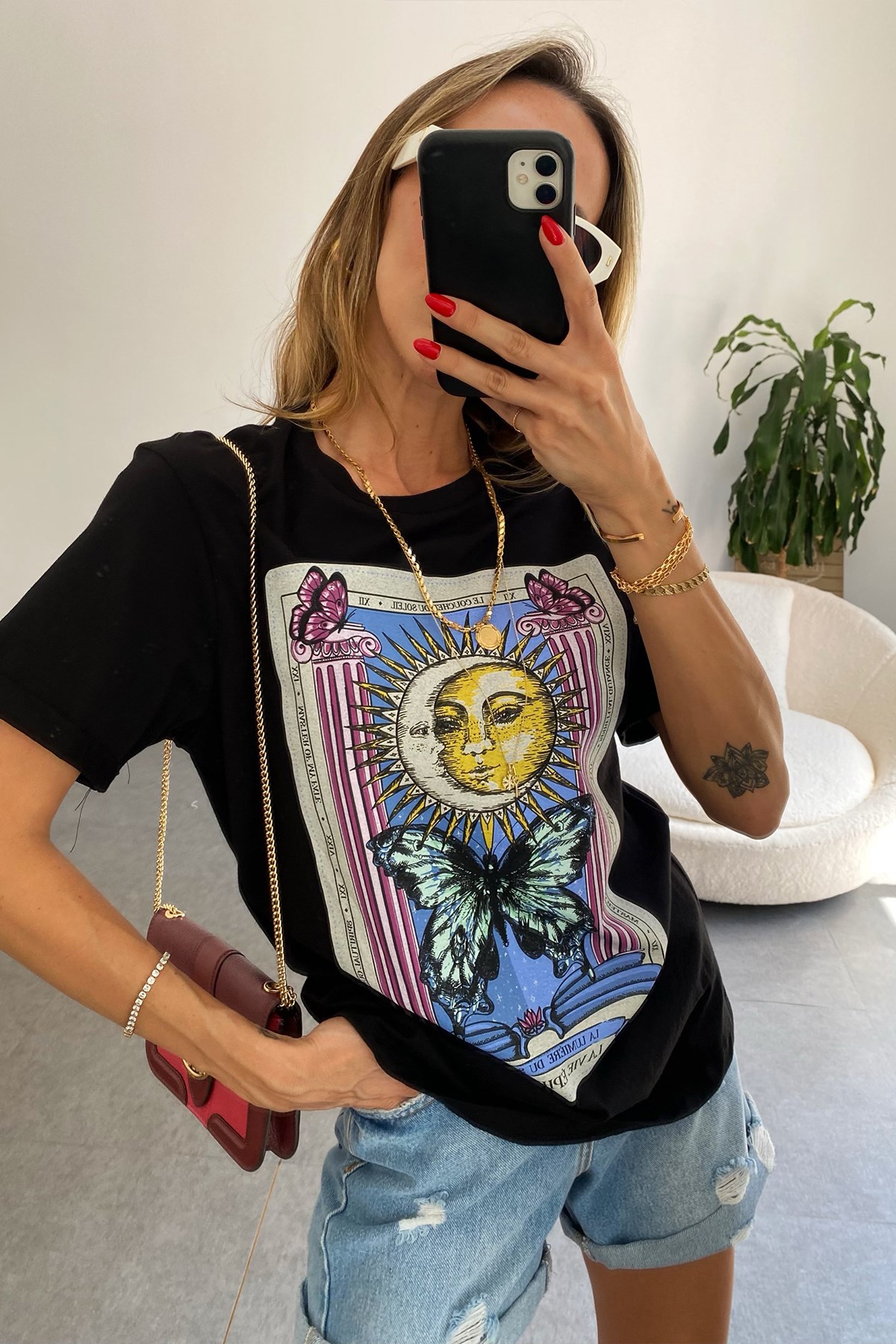 Güneş Ay Baskılı Basic Tişört Siyah