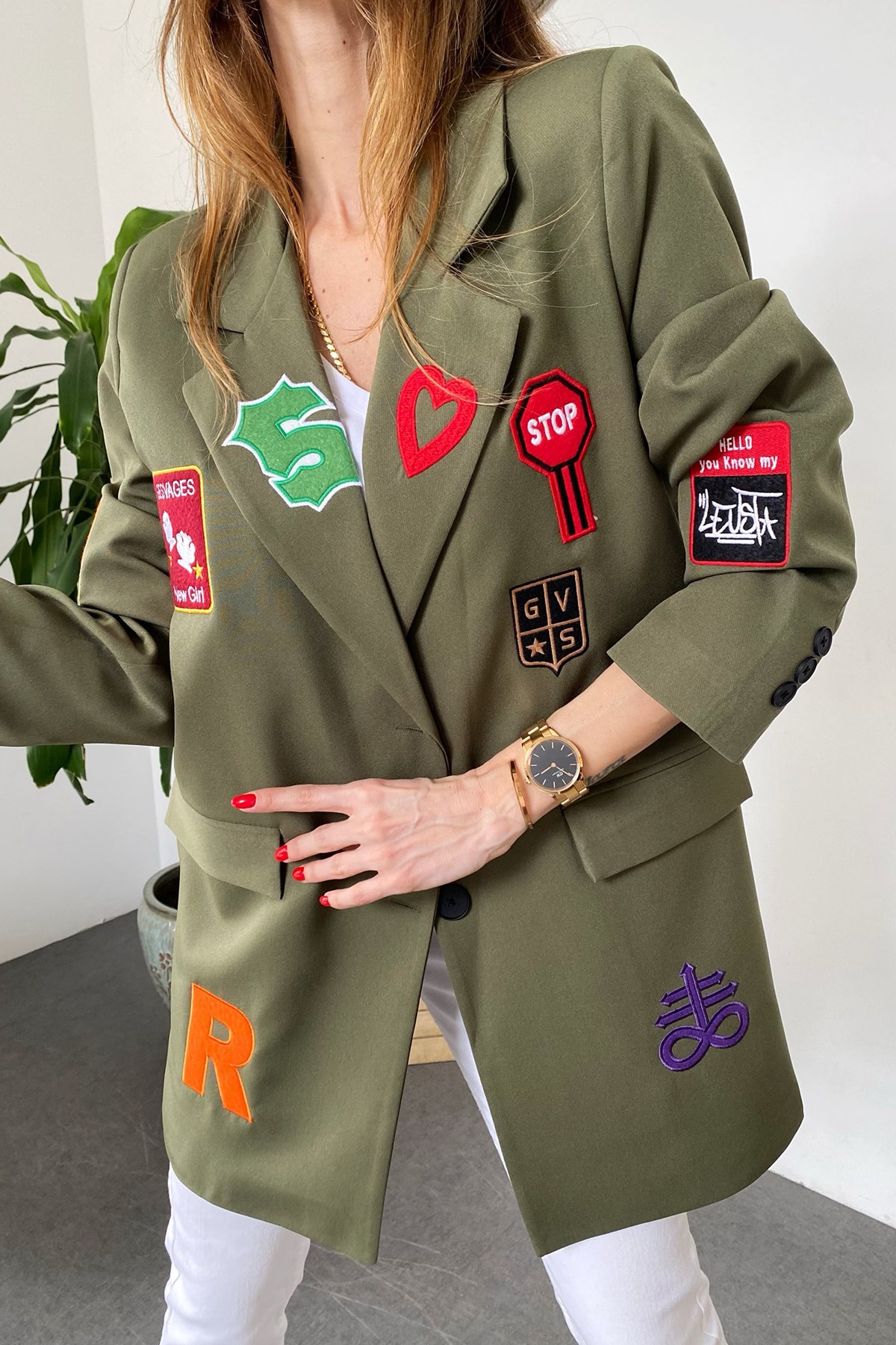 Haki Renkli Yama Detaylı Tasarım Blazer