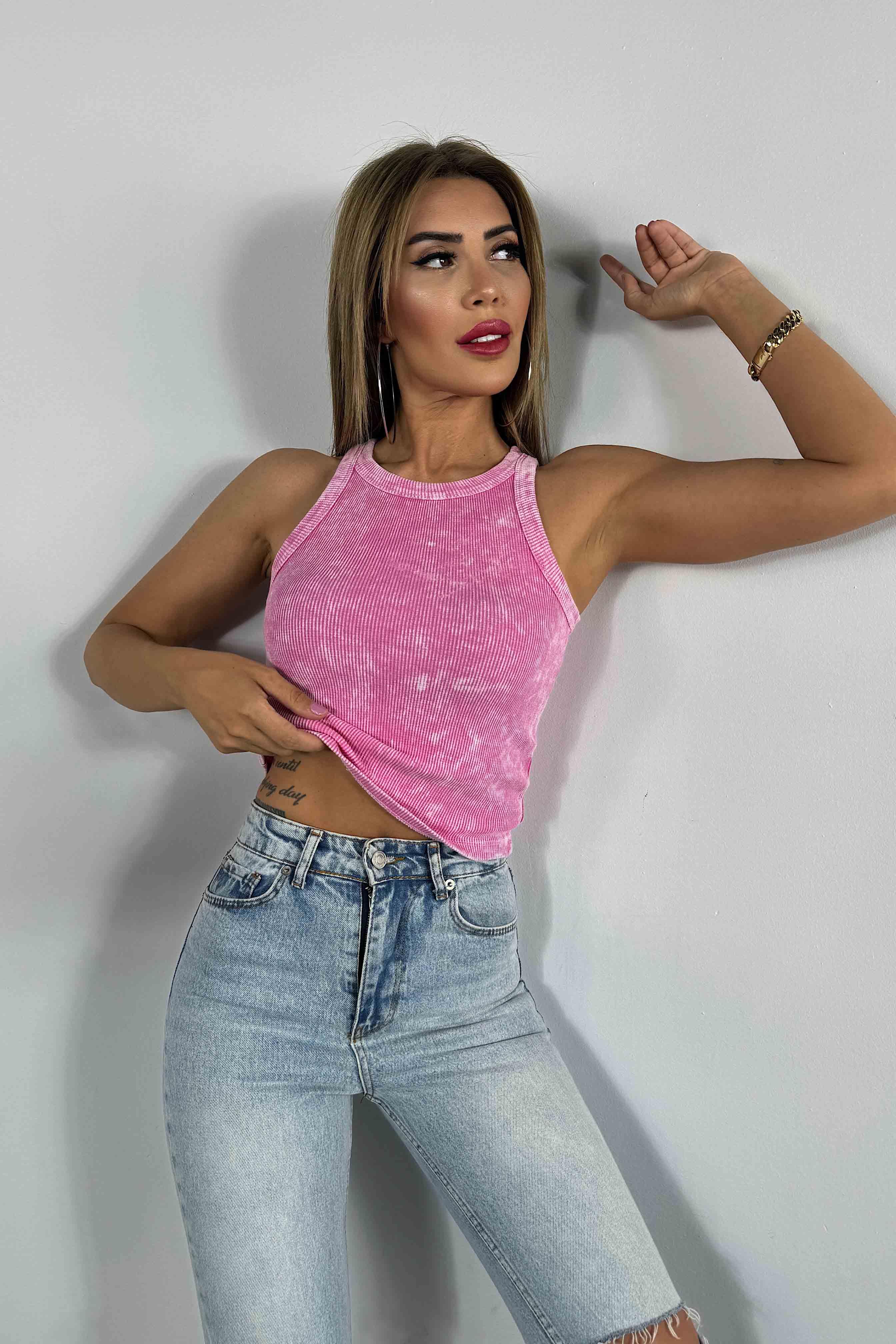 Halter Yaka Yıkamalı Kadın Bluz Pembe
