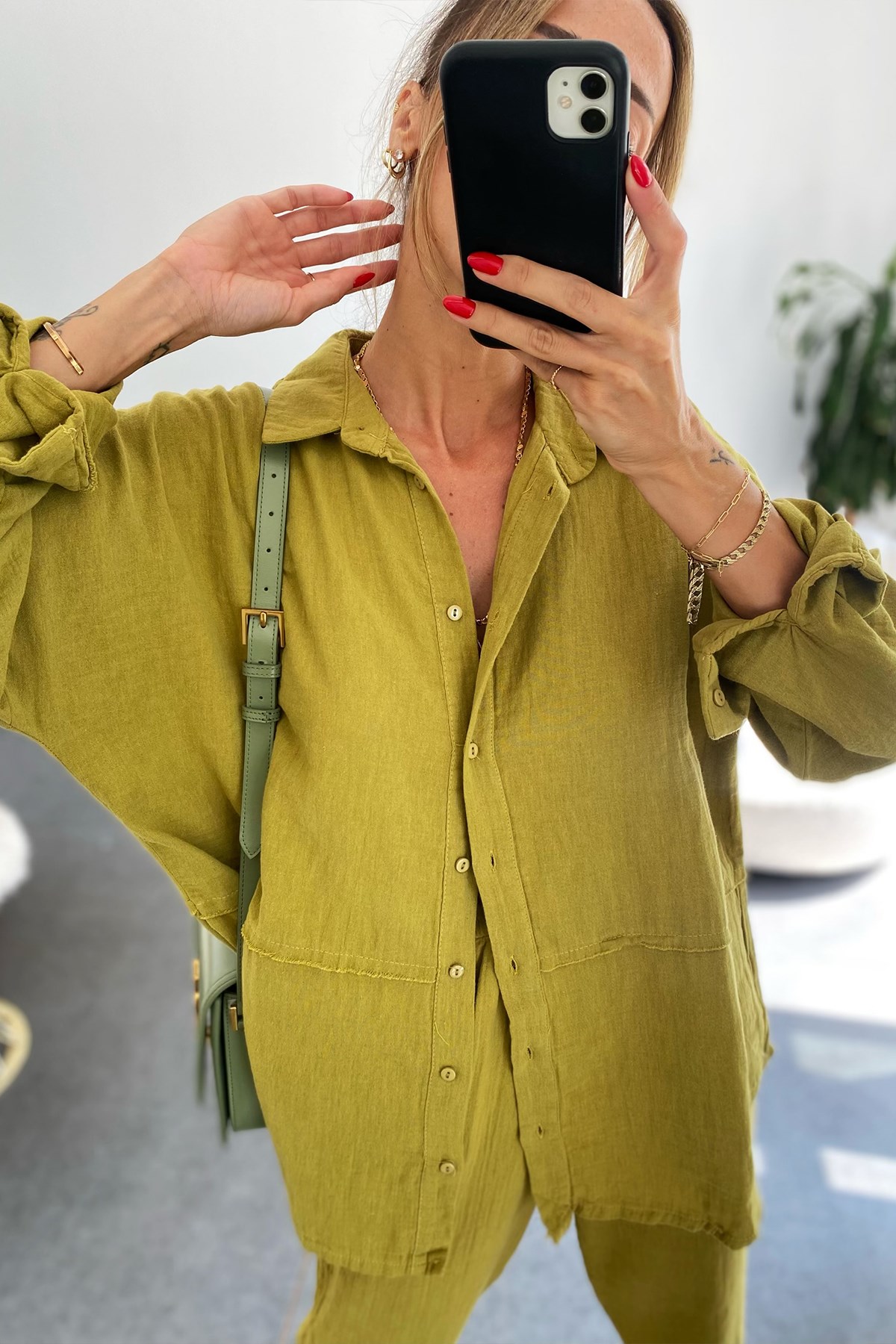 Ham Keten Gömlek Pantolon Kadın Takım Olive Yeşil - Butik Gardrop