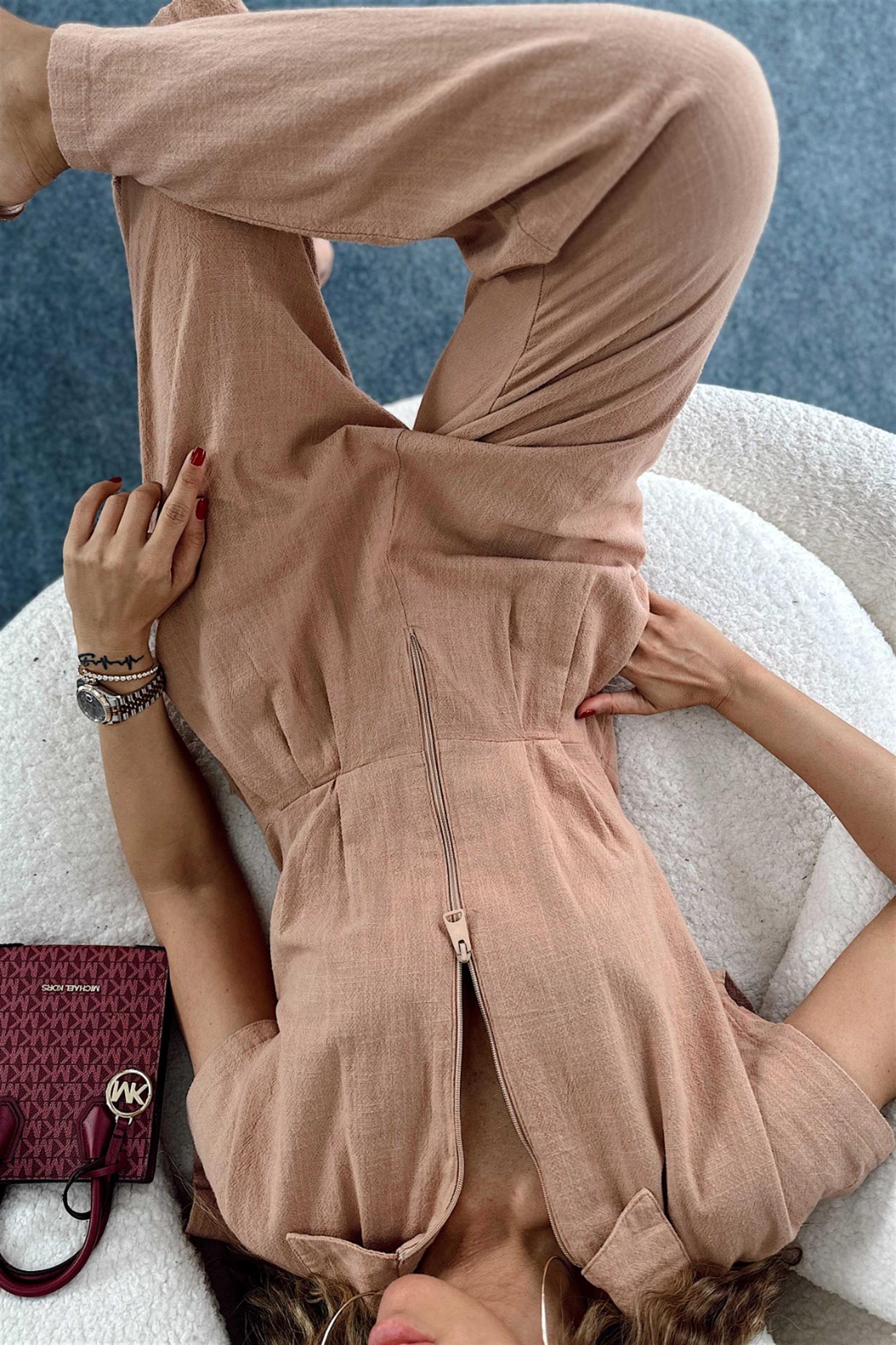 Ham Keten Kolsuz Fermuarlı Kadın Tulum Camel · 9