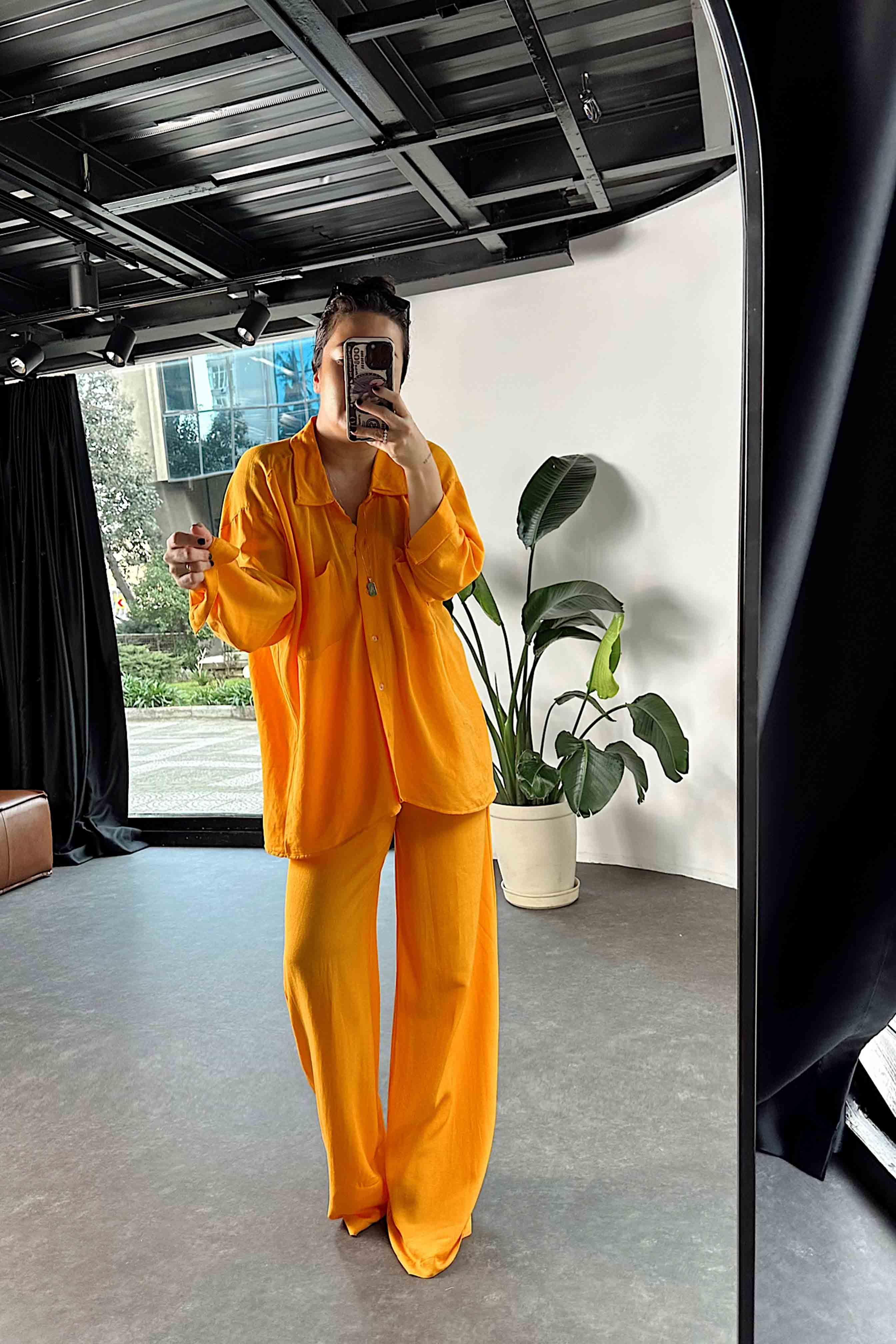 Ham Keten Oversize Çift Cepli Kadın Takım Turuncu