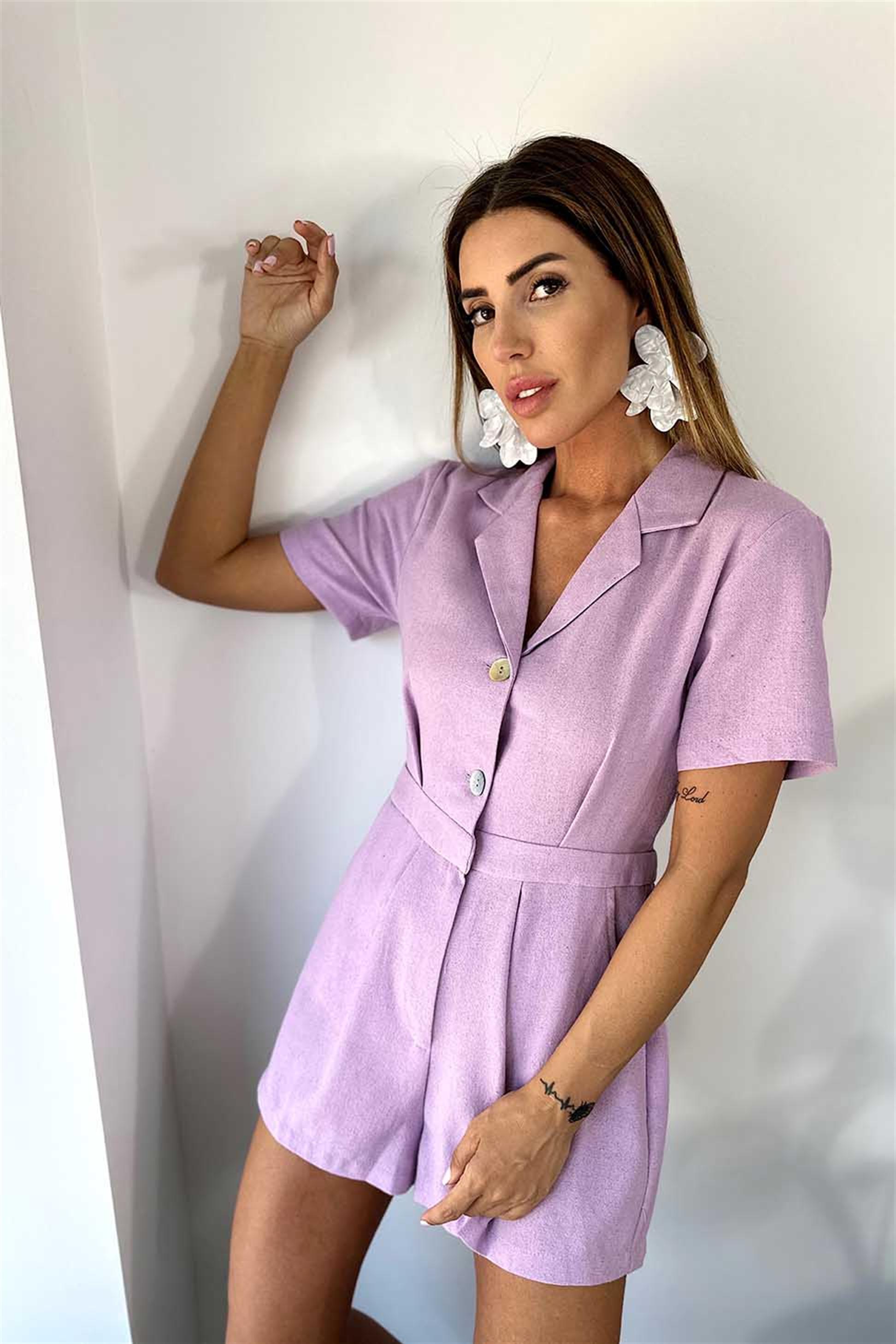 Ham Keten Sedef Düğmeli Şort Tulum Lila