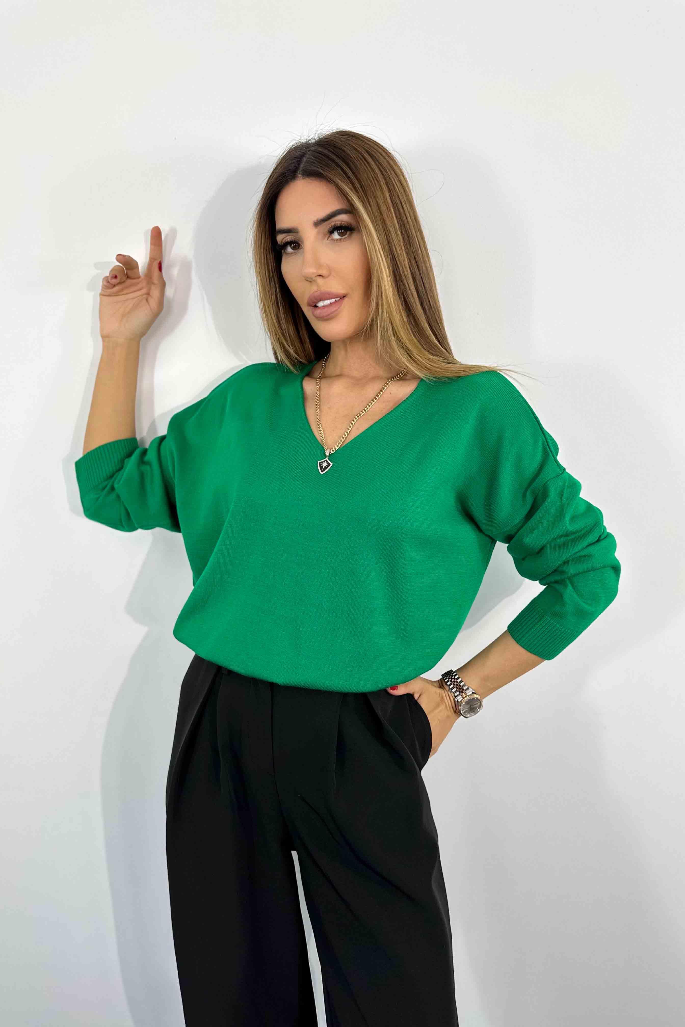 İnce Akrilik Örme Oversize Kadın Kazak Koyu Yeşil