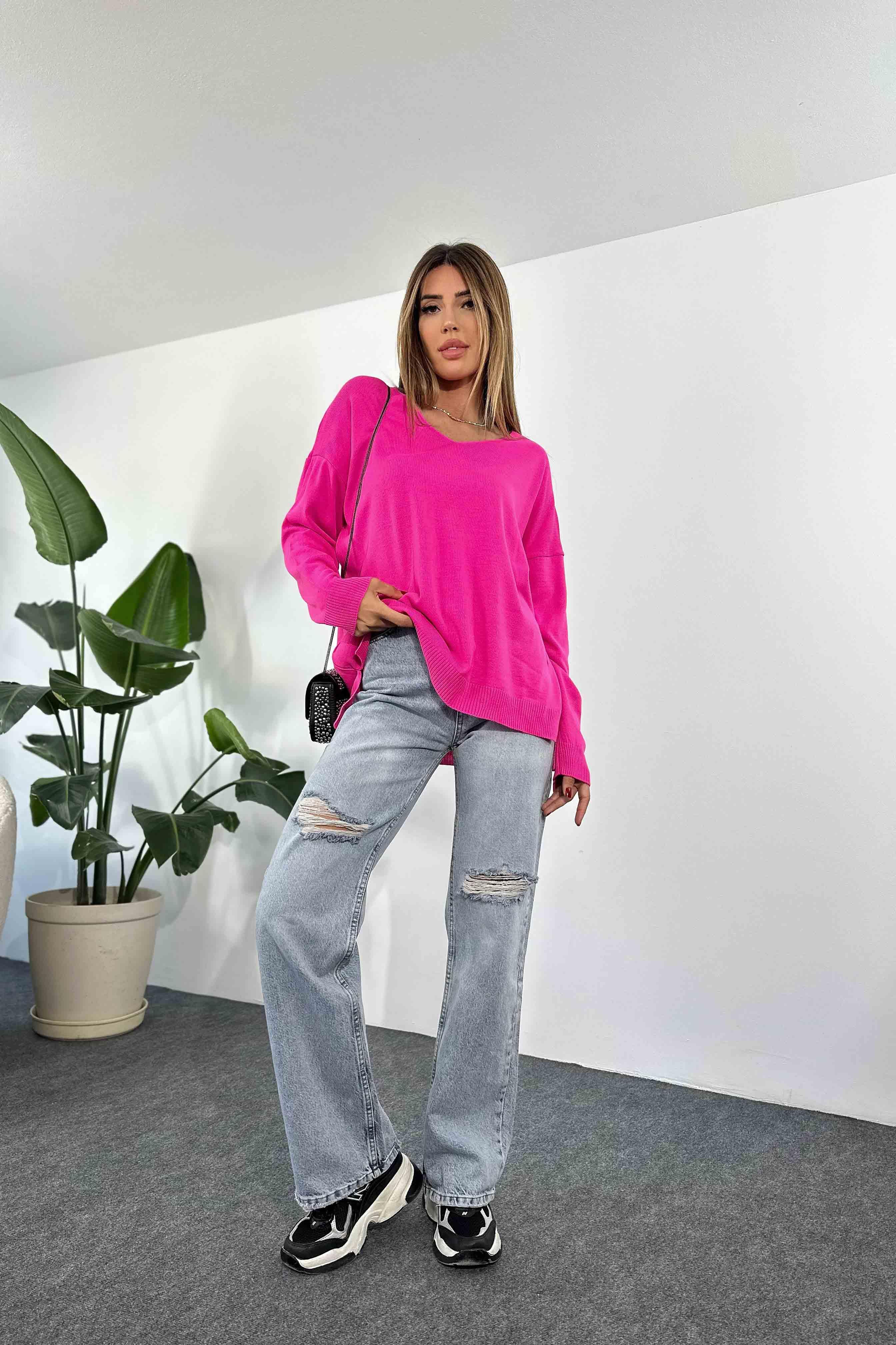 İnce Akrilik Örme Oversize Kadın Kazak Pembe