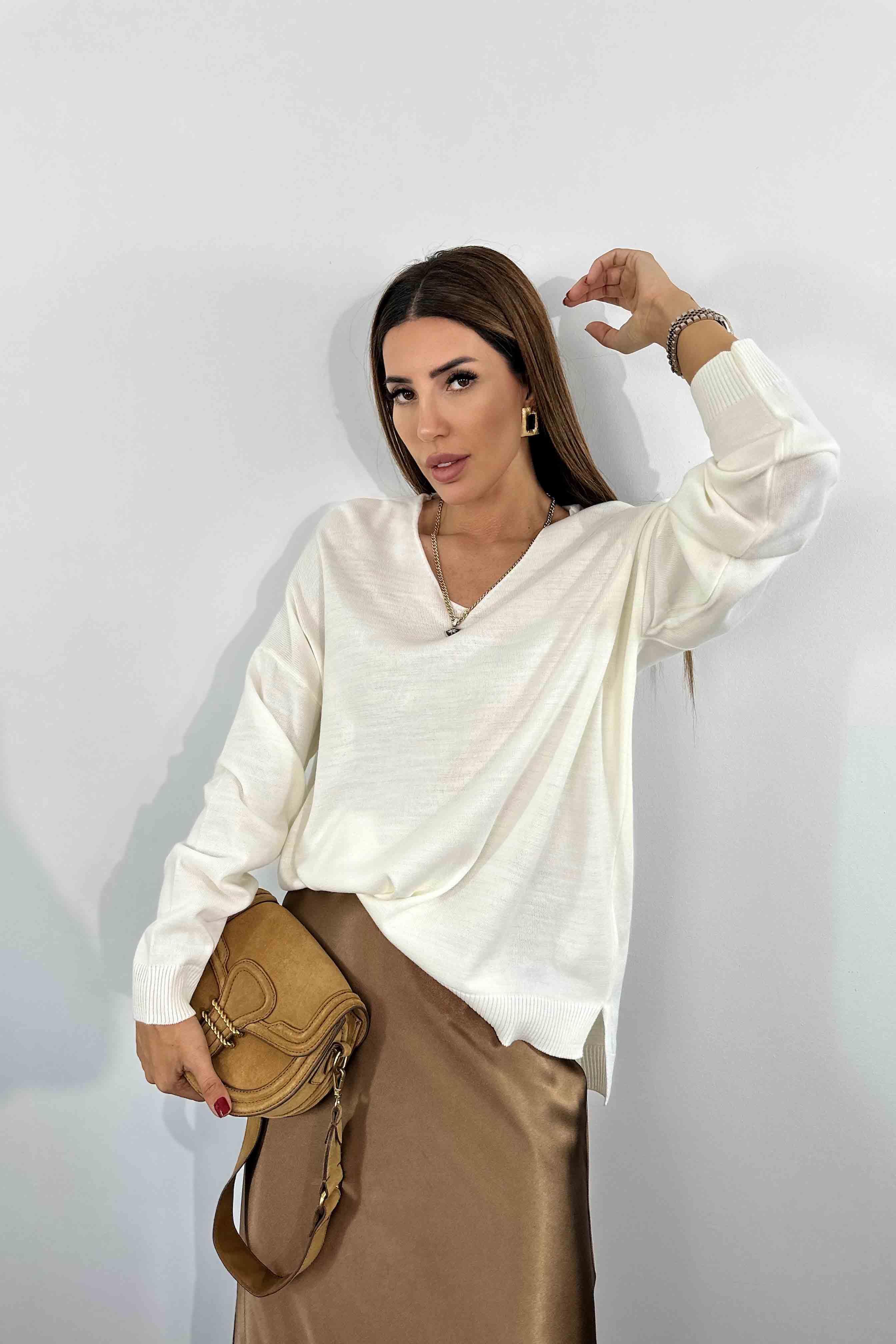 İnce Akrilik Örme Oversize Kadın Kazak Ekru