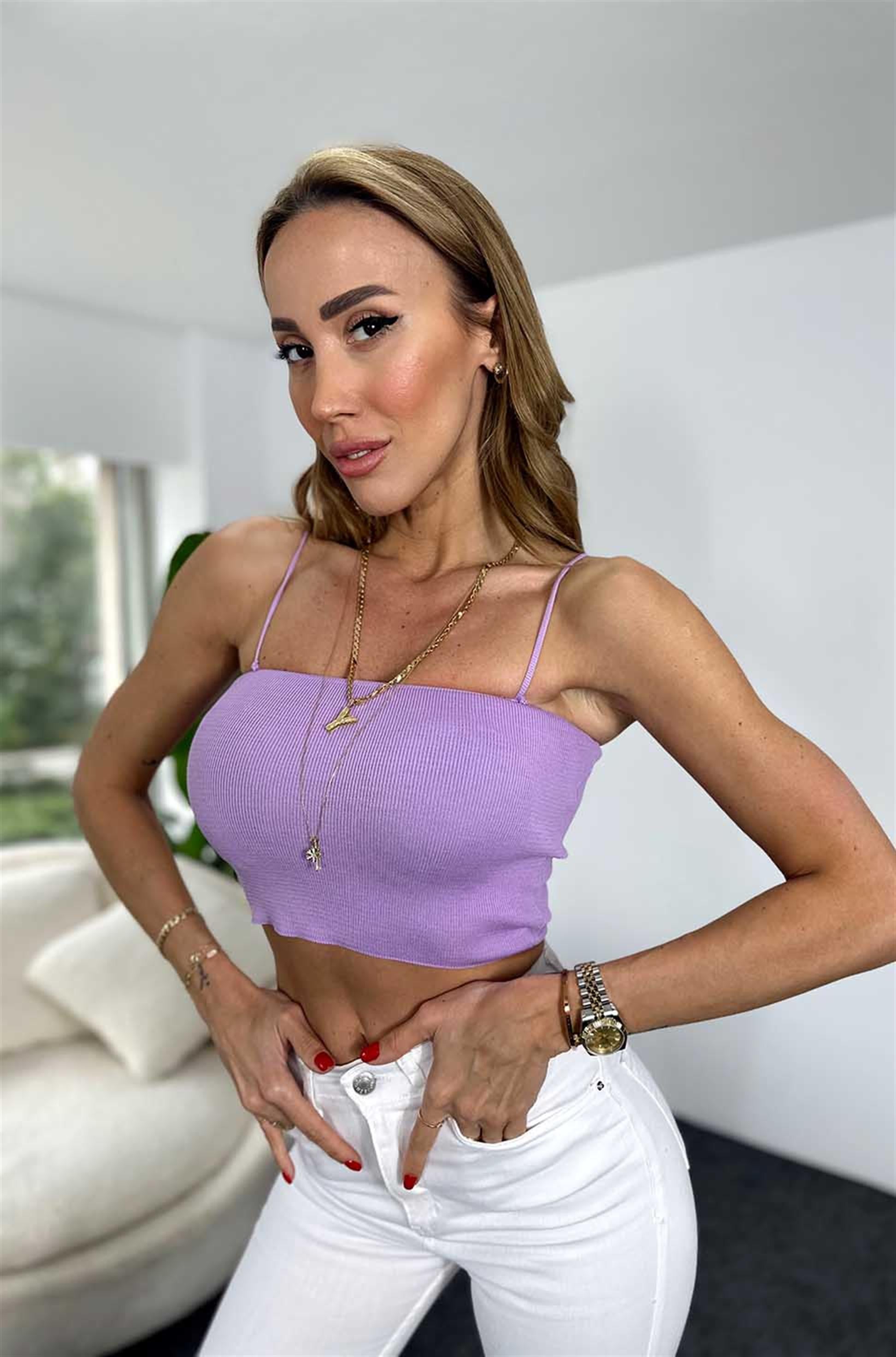 İnce Askılı Fitilli Crop Lila