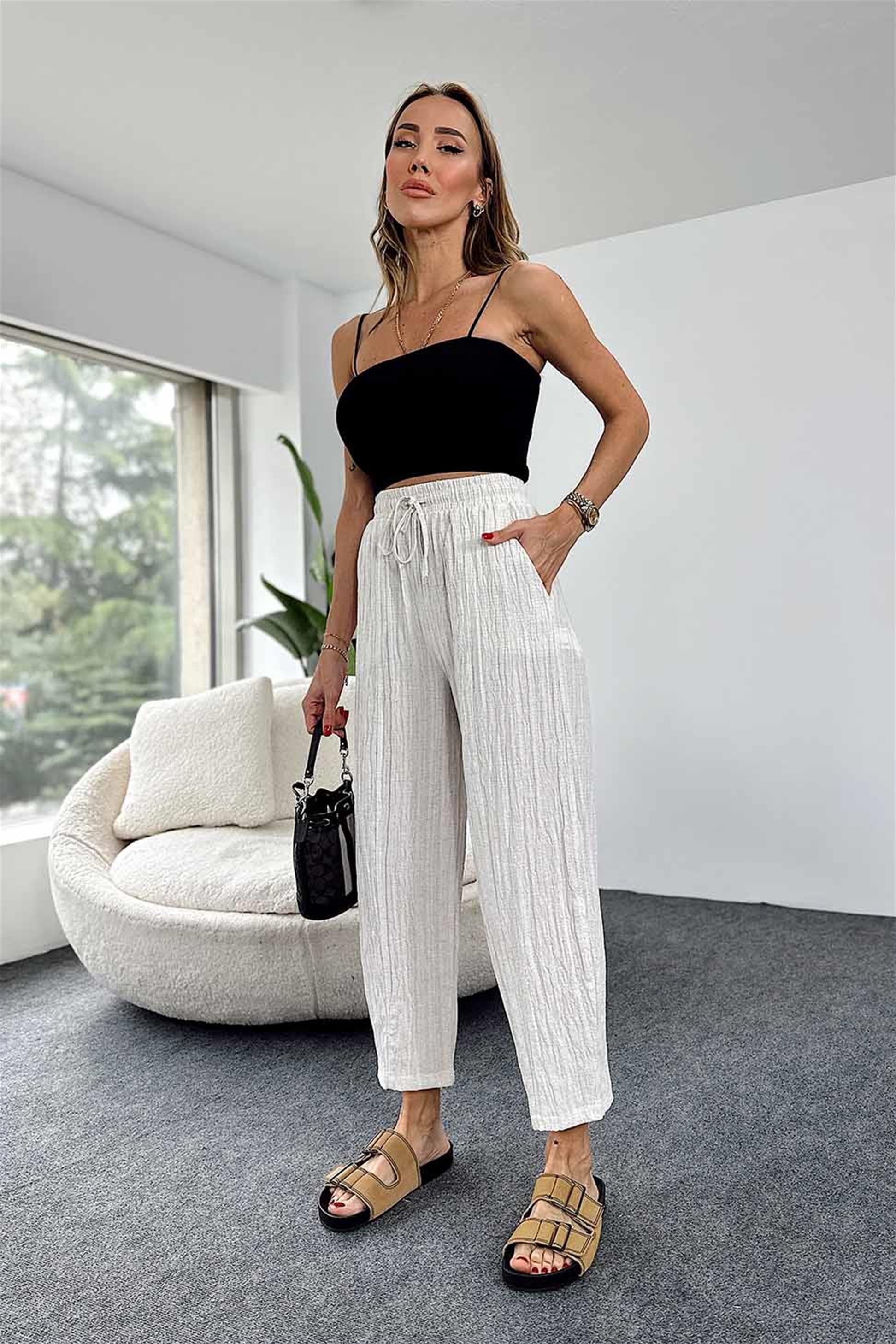 İnce Askılı Fitilli Crop Siyah
