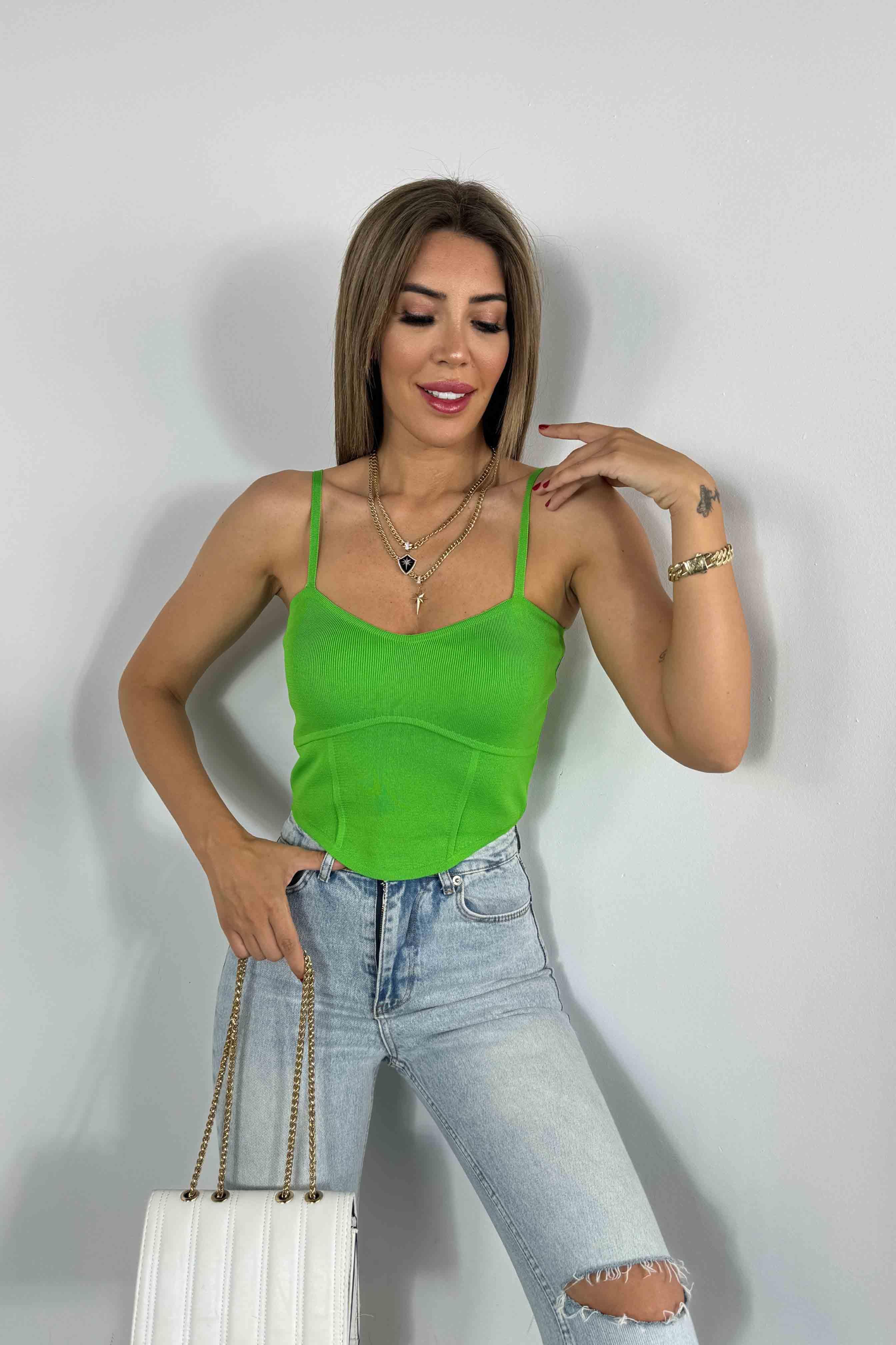 İnce Askılı Triko Bluz Yeşil