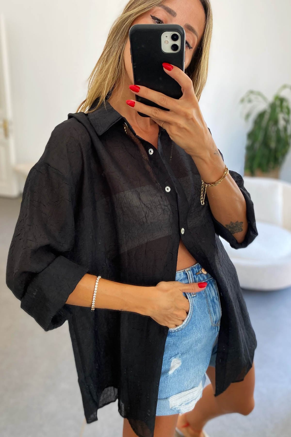 İnce Oversize Kadın Gömlek Siyah