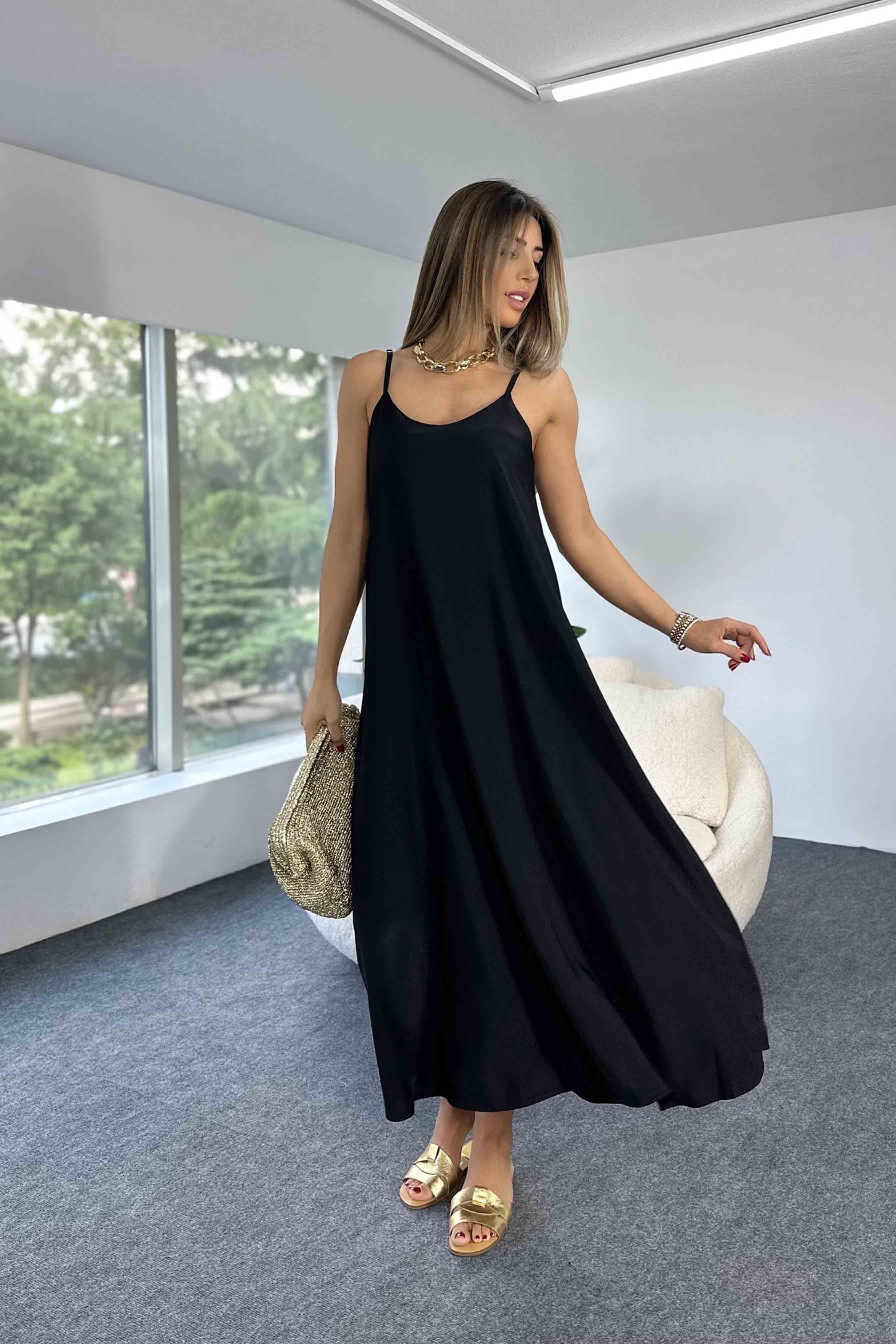 İp Askılı Tam Boy Pamuk Viskon Salaş Elbise Siyah