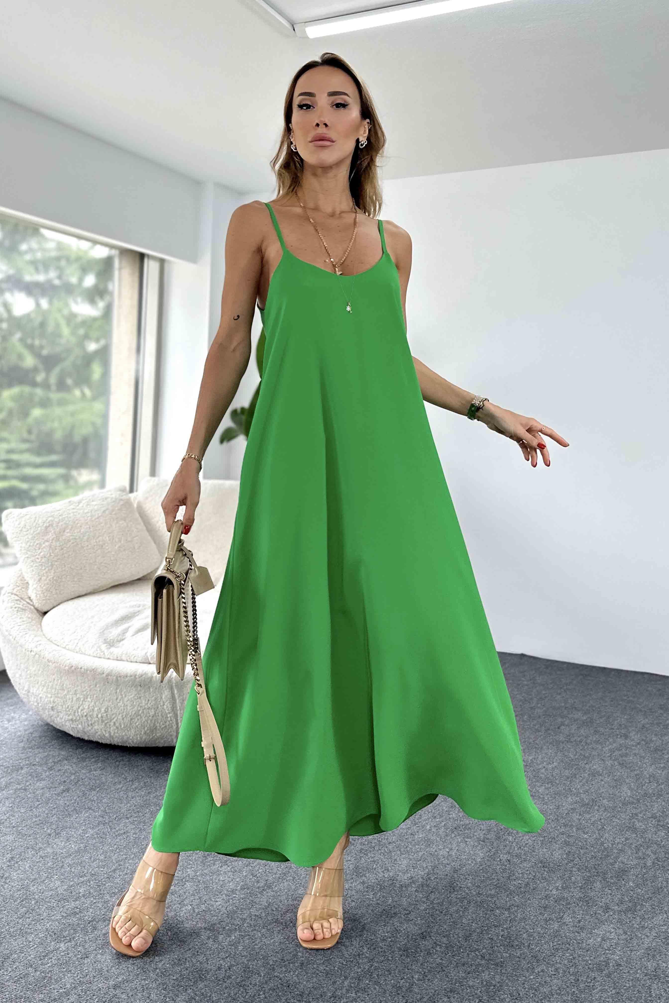 İp Askılı Tam Boy Pamuk Viskon Salaş Elbise Yeşil