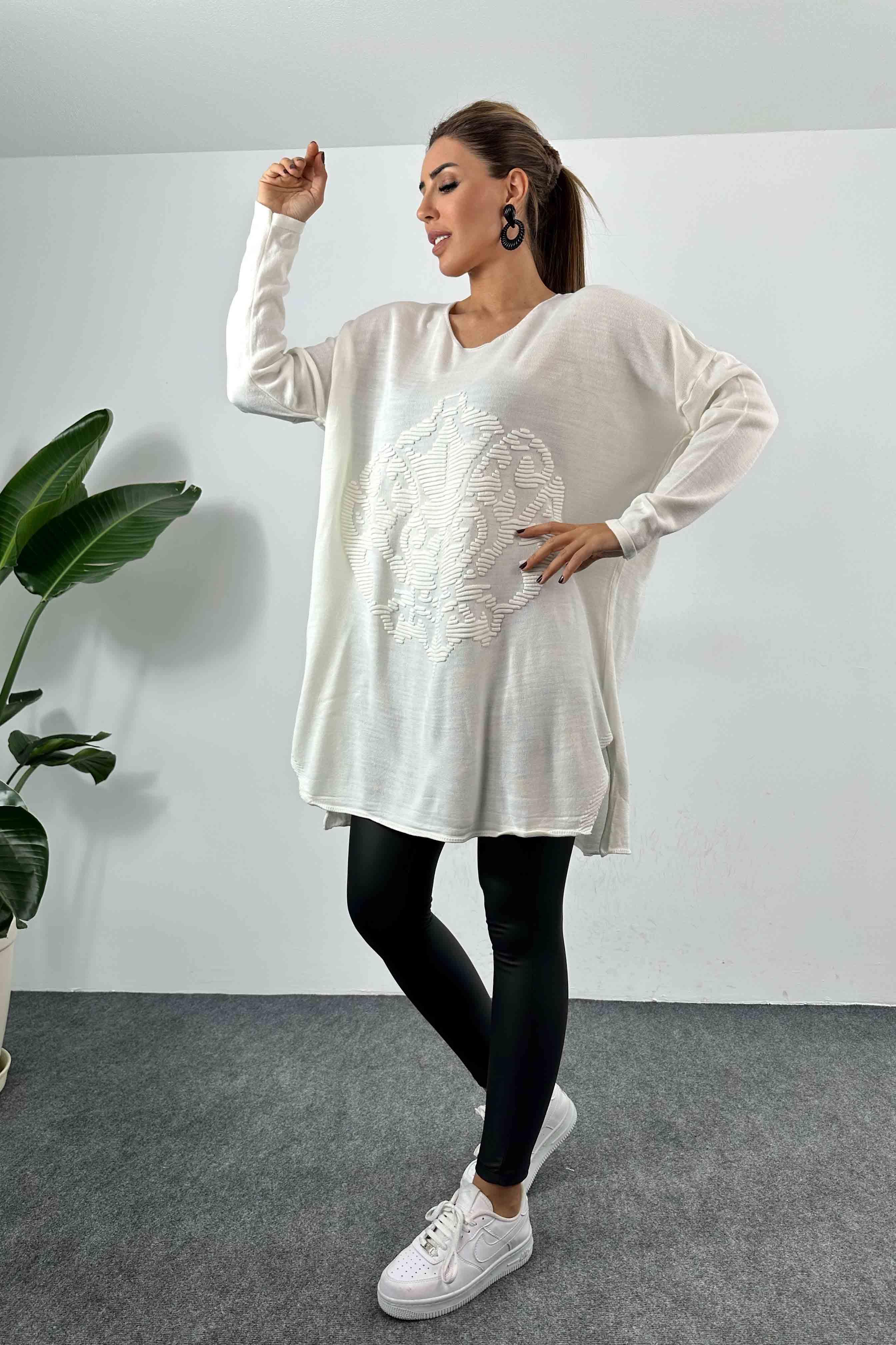 Kabartma Desenli Oversize Triko Bluz Ekru