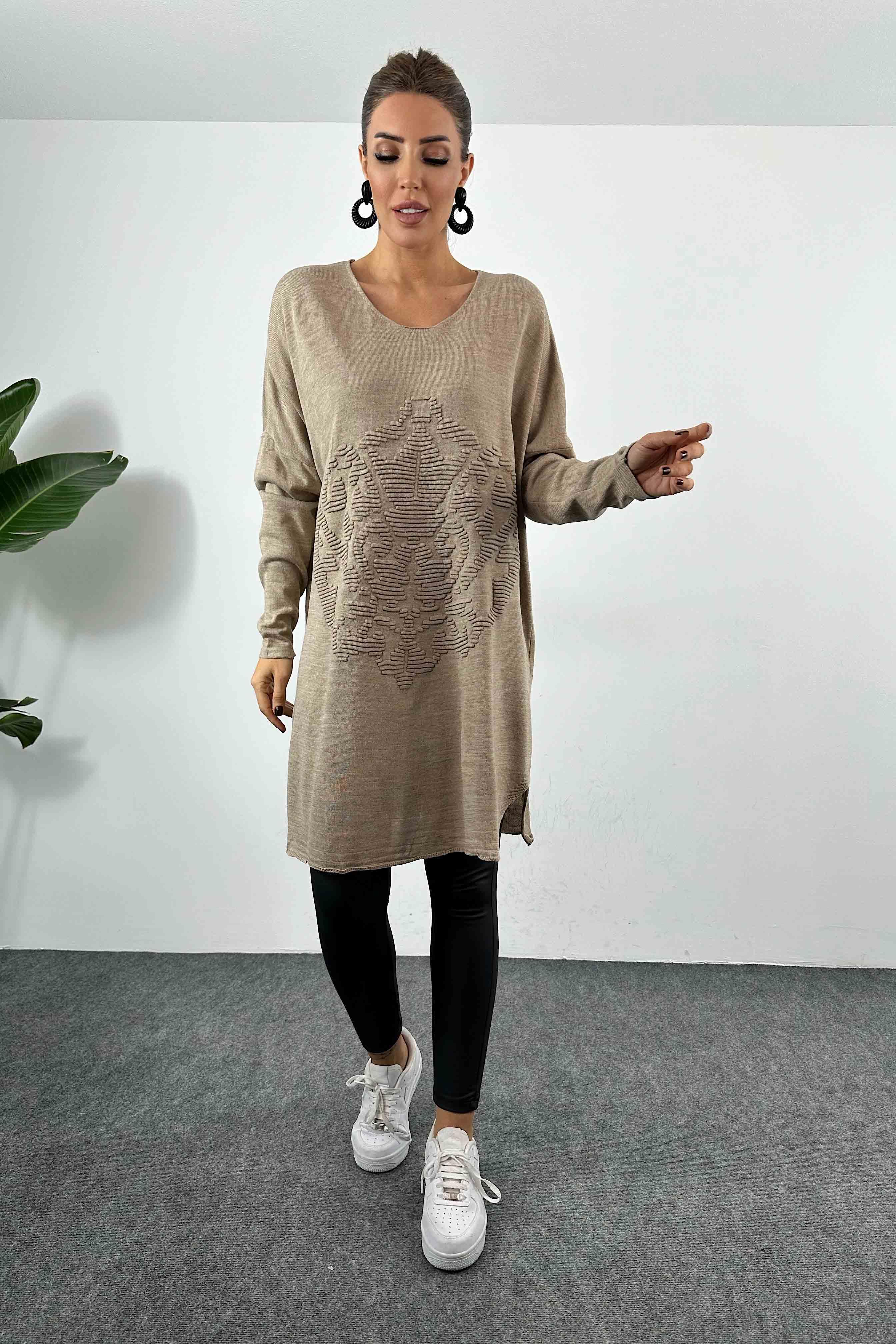Kabartma Desenli Oversize Triko Bluz Vizon · 7