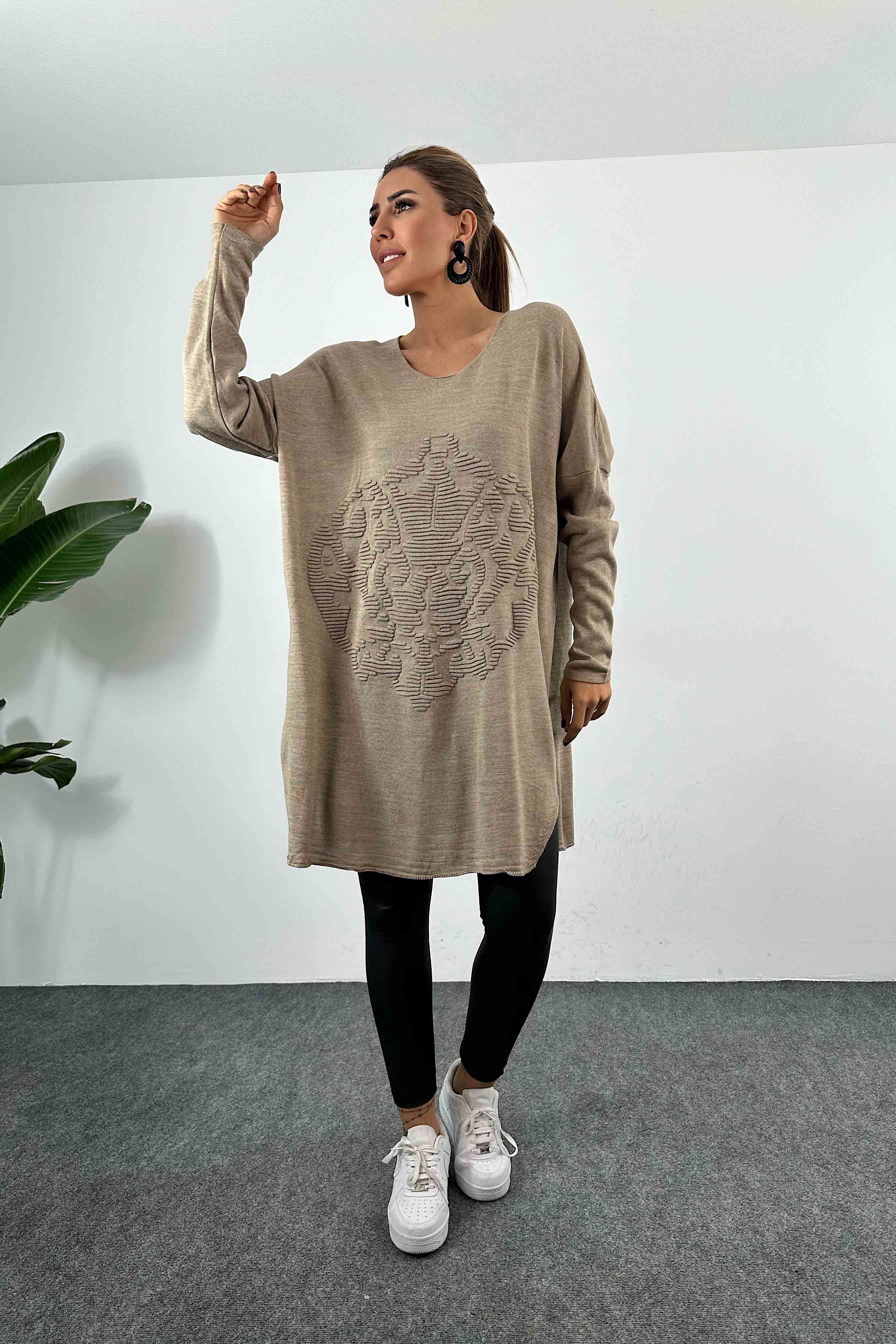 Kabartma Desenli Oversize Triko Bluz Vizon · 6