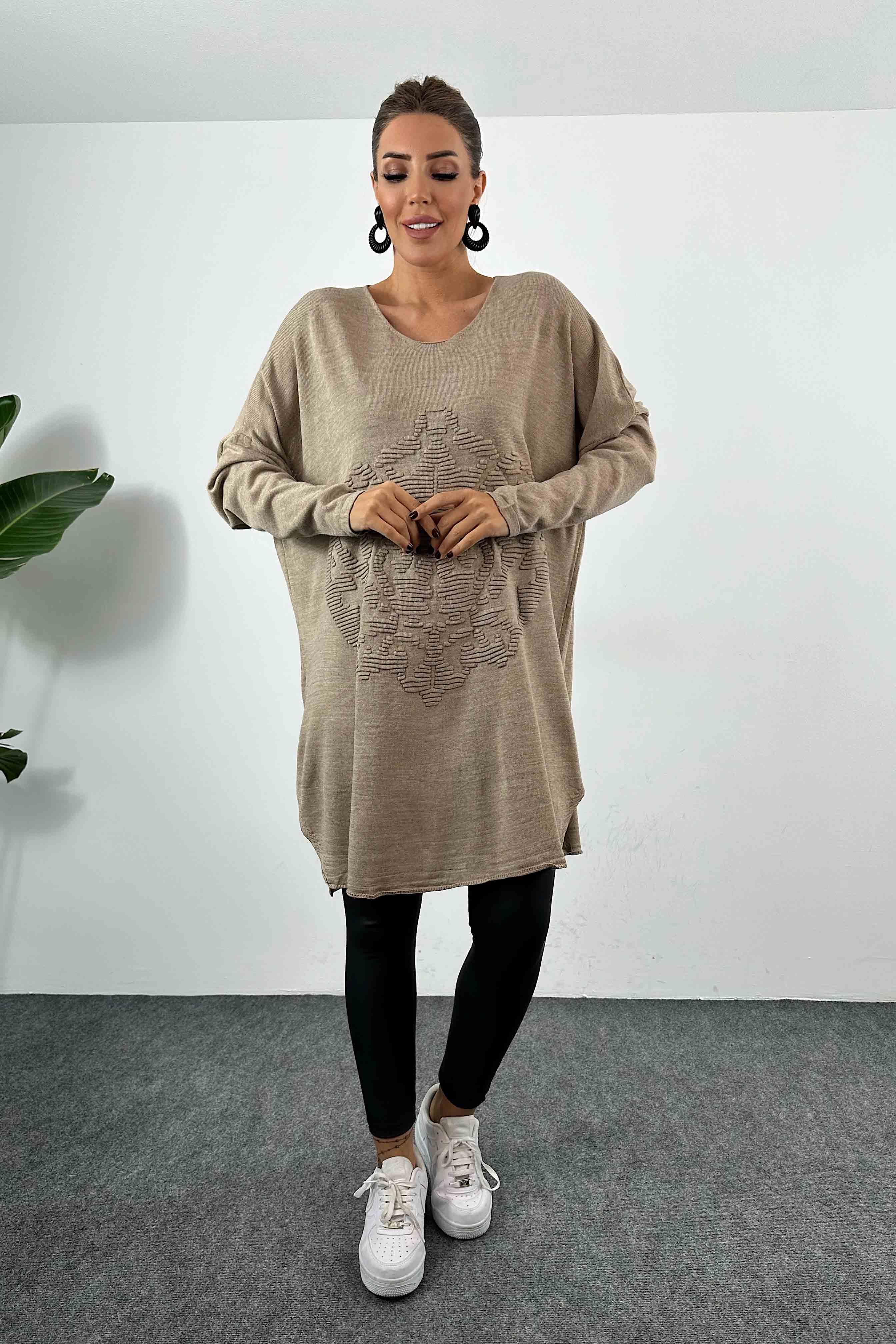 Kabartma Desenli Oversize Triko Bluz Vizon · 2